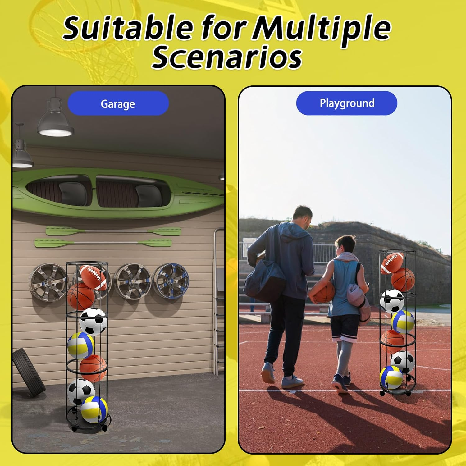 ZEMBSOYA 3 Layer Garage Ball Storage, Columnar Vertical Ball Storage Racks with Wheels, Ball Rack Organizer for Basketball, Football, Volleyball, Ball Organizer for Room, Garage, Home image number 2