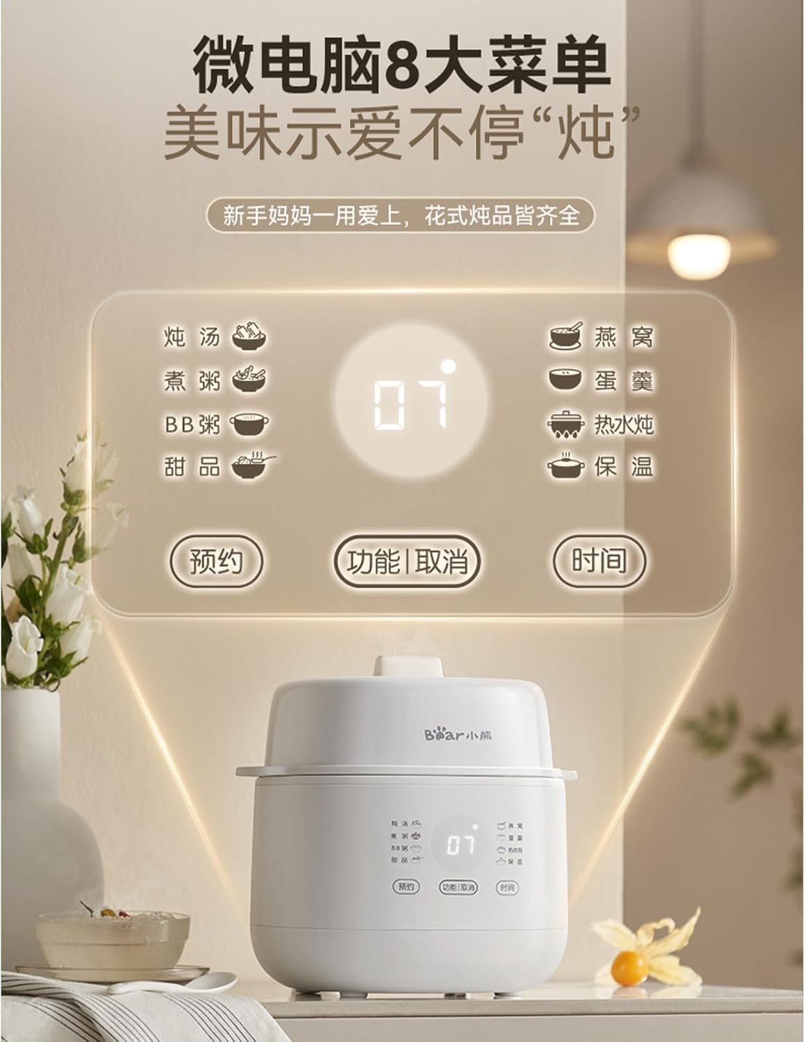 New Electric Stew Pot, 1L Quiet Ceramic Slow Cookers, 8 Smart Menus, 24H Appointment & 12H Keep Warm, for Household Stew Pot, Soup, Baby Porridge, Desserts (Chinese Panel with AU Adapter)