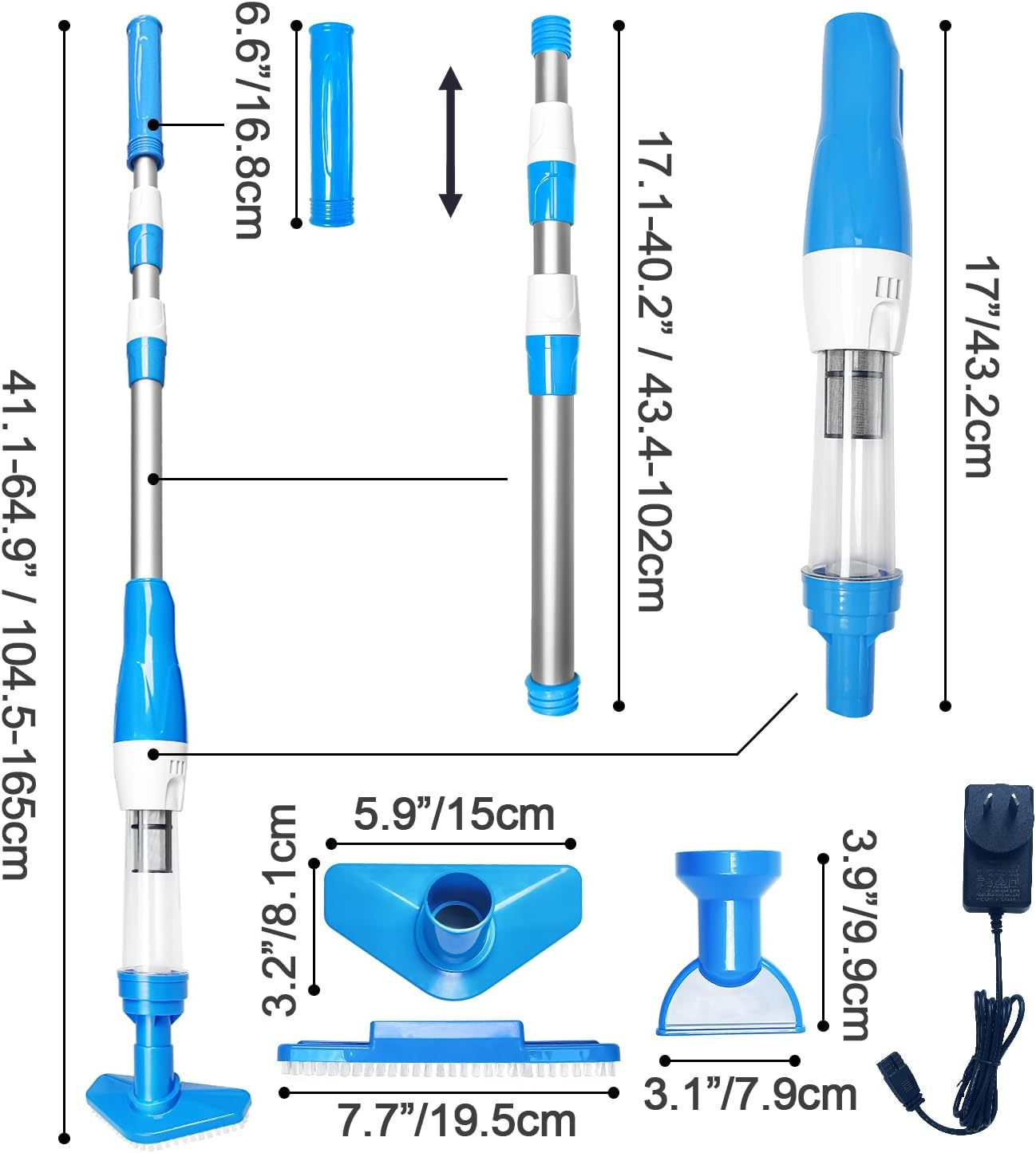 3 in 1 Pool Vacuum Cleaner, Electric Pool Hoover with Length Adjustable Handle, Rechargeable Vacuum for Spas, Hot Tubs, Small Pools - Running Time up to 90 Minutes, Blue image number 4