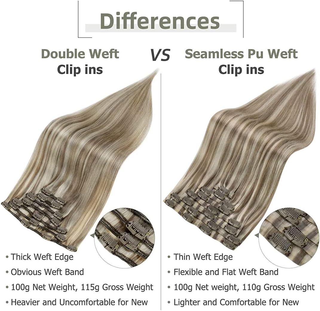 Pu Clip Hair Extensions Remy Human Hair 100G Seamless Invisible Clip in Extensions Human Hair Color Blonde Greyp60 16Inches 100G/Set image number 4