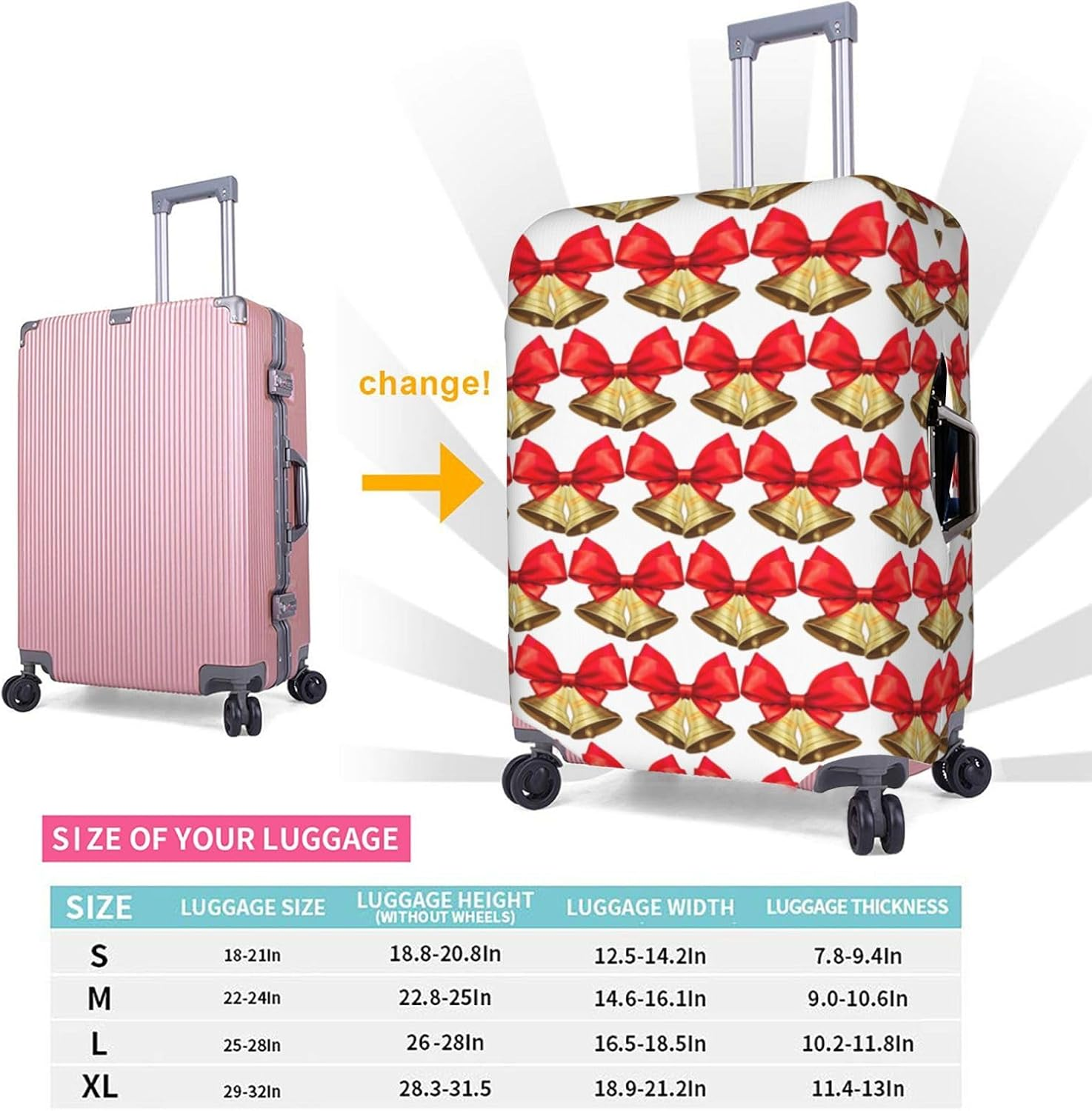 Pulaif Yellow Sunflowers Travel Box Protective Cover,Travel Luggage Cover,Suitcase Protector Fits 18-32 In,Suitcase Cover, Christmas Bells, Small image number 5