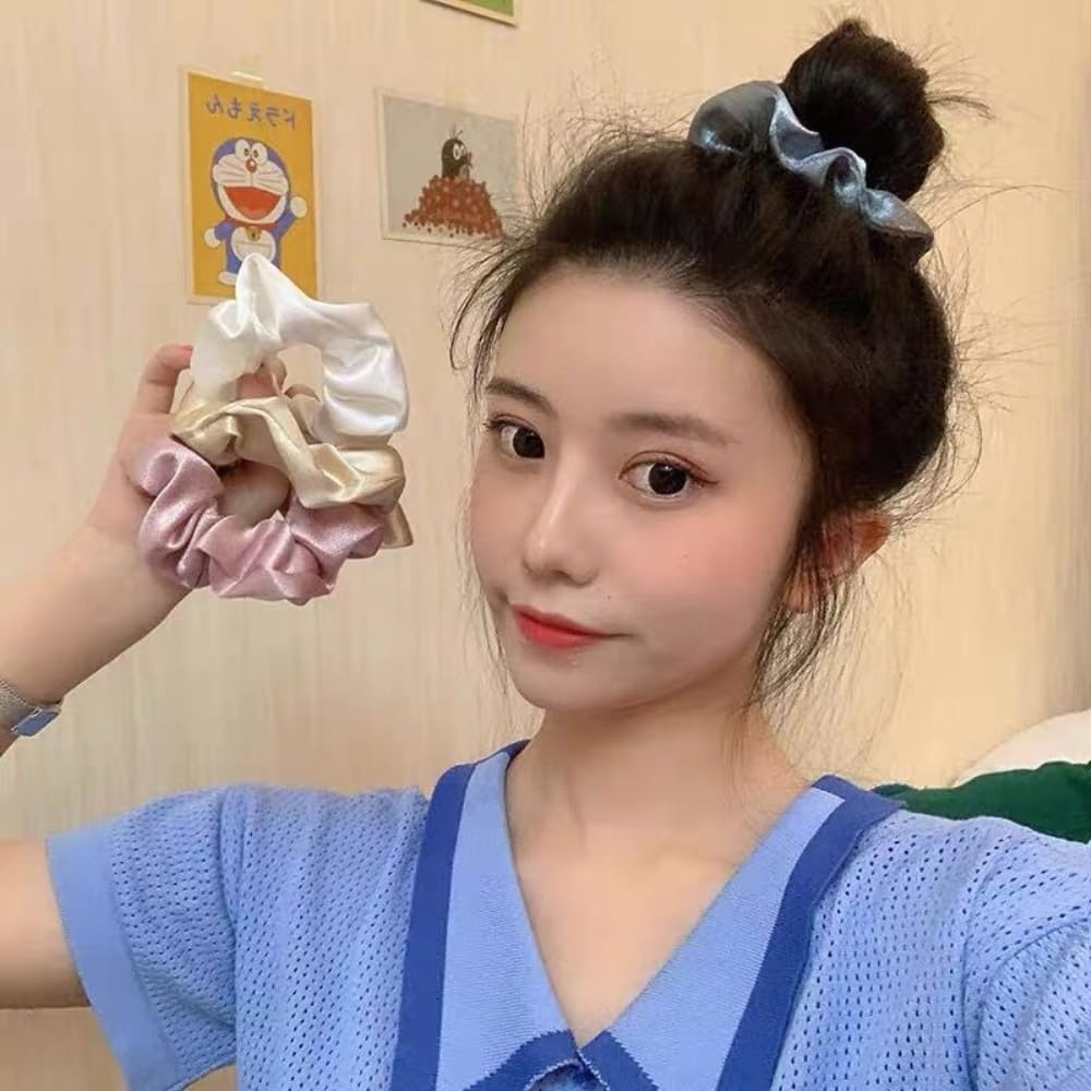 Pack of 3 Women'S Satin Hair Bands Hair Rings Elastic Hair Rope Hair Accessories Ponytail Holder Scrunchies Headwear for Girls Women Daily Wear, Champagne image number 2