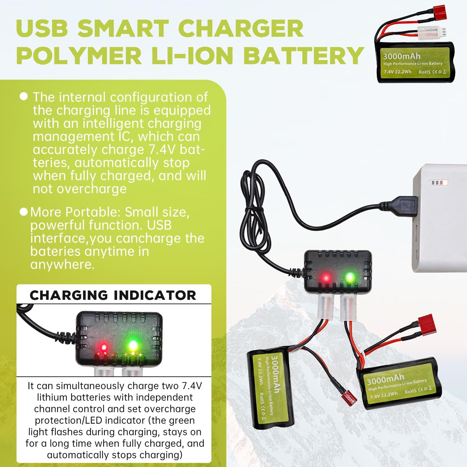 Fytoo 2PCS 7.4V 3000Mah 15C 2S Li Ion Battery with T-Type Plug and 2In1 Charger for Wltoys 12423 MJX 14301 14302 14303 H16PL High-Speed RC Cars 1/10 1/12 1/16 Ratio RC Car Trucks RC Ship image number 2