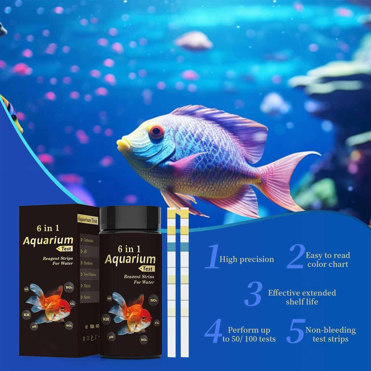 AIMALL 50Pcs Wancheng 6-In-1 Aquarium Water Test Strips - Multi-Element Testing Kit for Fish Tank, Pond, Freshwater, and Saltwater, Accurate Results image number 1
