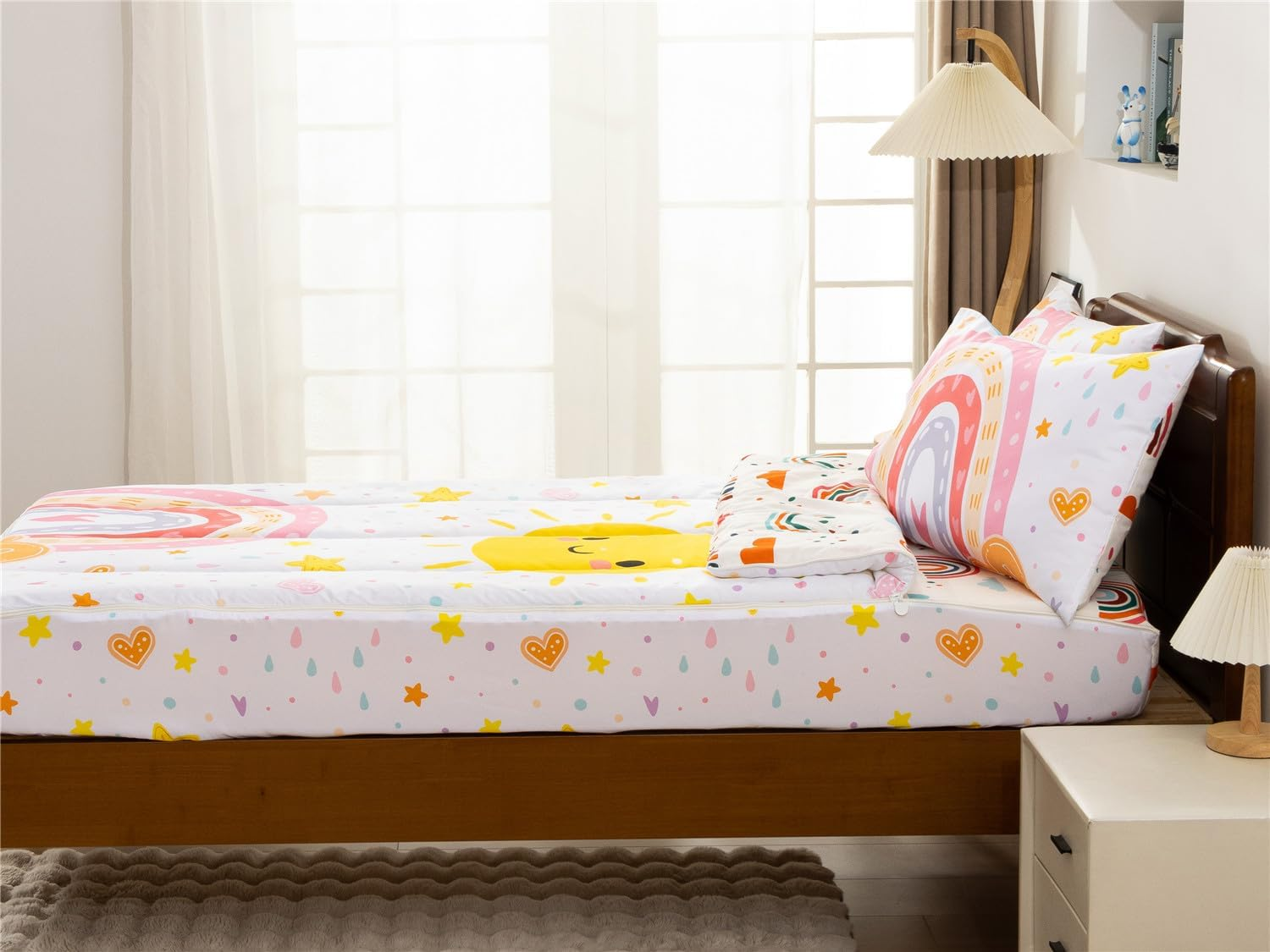 NTBED Rainbow Sun Printed Zipper Bedding Sets Twin for Kids Girls Lightweight Microfiber Comforter Set with Fitted Sheet Pillow Covers,White image number 5