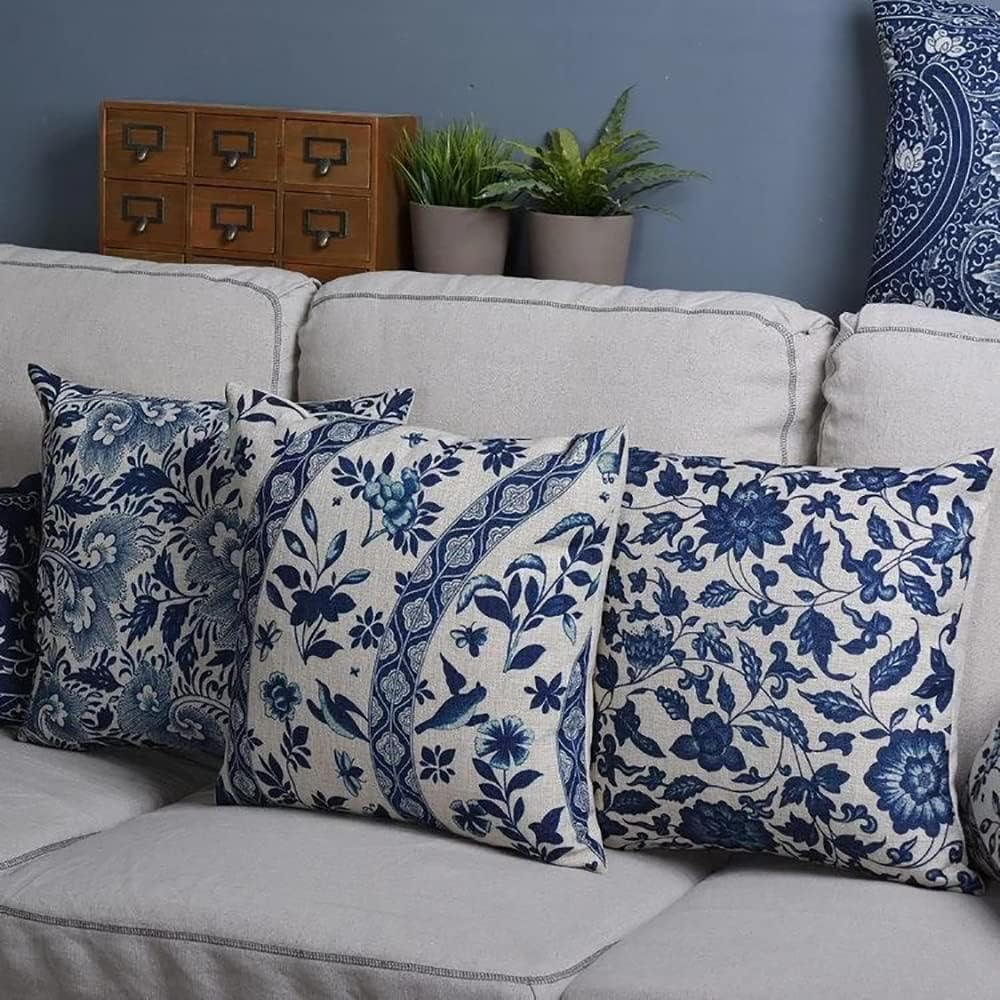 FUNHOM Blue Flowers Pillow Covers 18X18 Set of 4 Leaf Floral Linen Pillow Cover Home Decorative Sofa Leaves Vintage Pillow Cases Cushion Cover image number 1