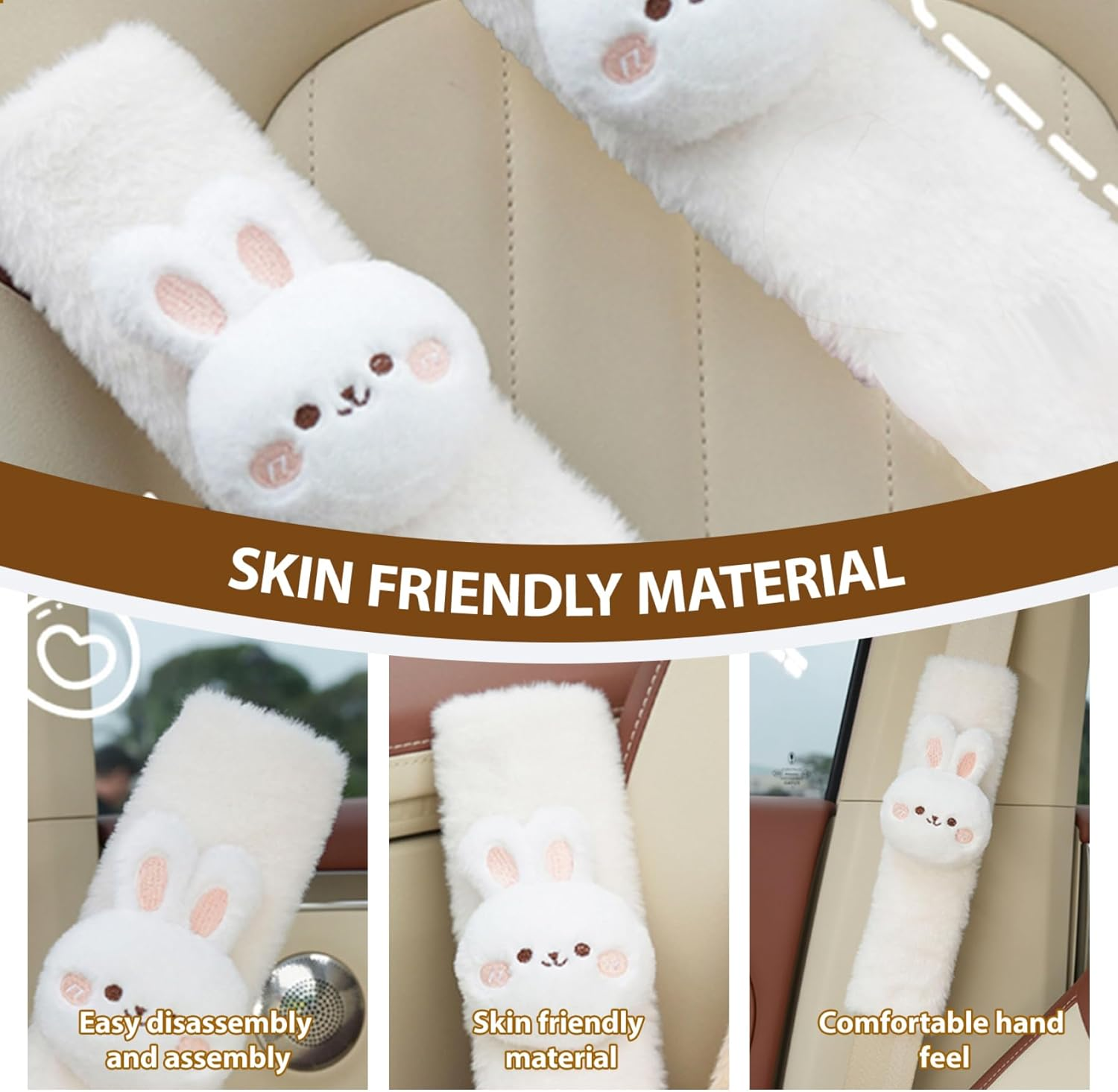 Seatbelt Covers, 1 Pair Cute Bunny Plush Seatbelt Cushion with Fastening Tape, Soft Shock Absorbent Seat Belt Pad for Car, Truck, and SUV image number 1