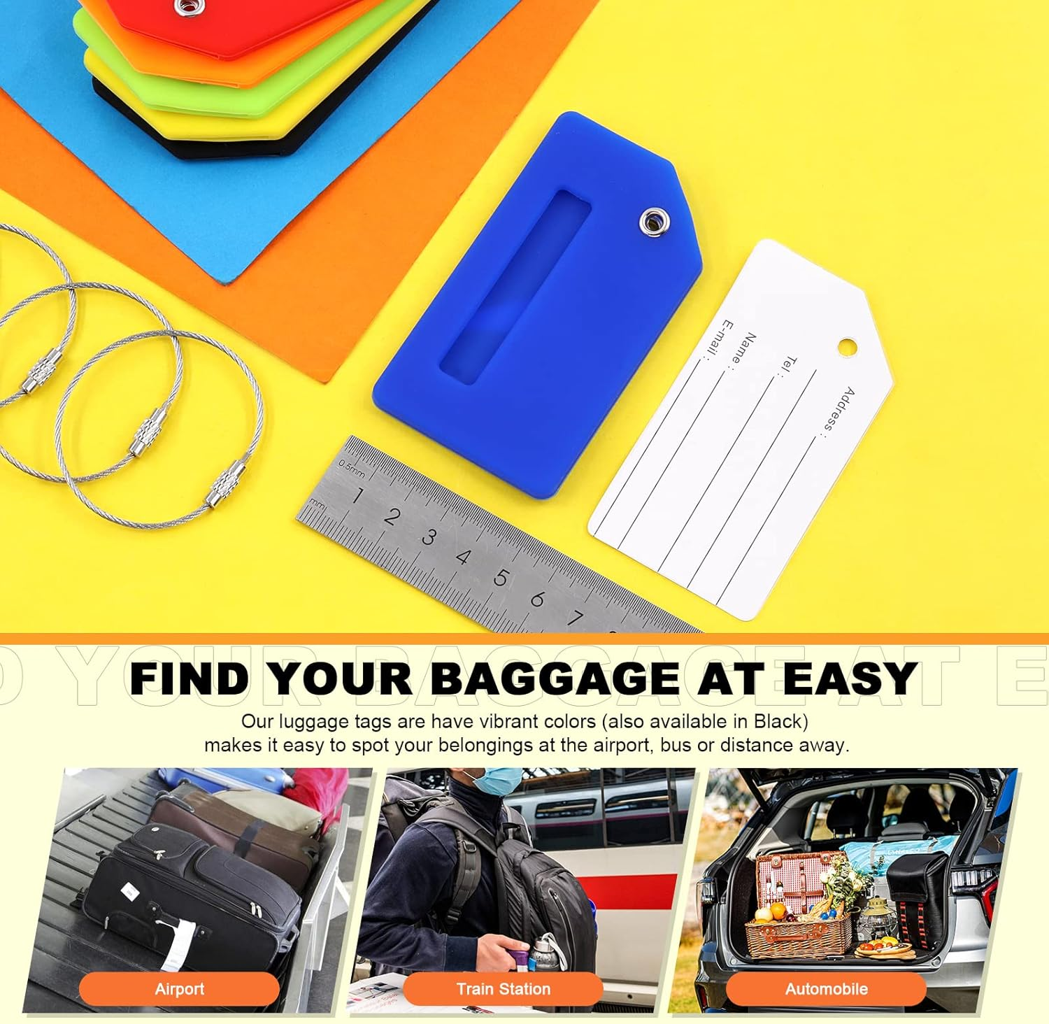 Tanstic 5Pcs Silicone Luggage Tags with Name ID Card, Baggage Handbag Travel Instrument Suitcase Tag for Quickly Spot Luggage Suitcase (Yellow) image number 6