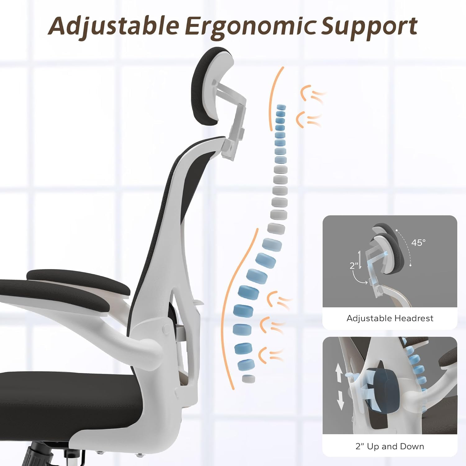 Computer Chair, Ergonomic Office Chair with Flip-Armrest & Cushion for Lumbar Support, Home Office Desk Chairs with Wheels, Adjustable Office Chairs for Study and Work (White Black) image number 3