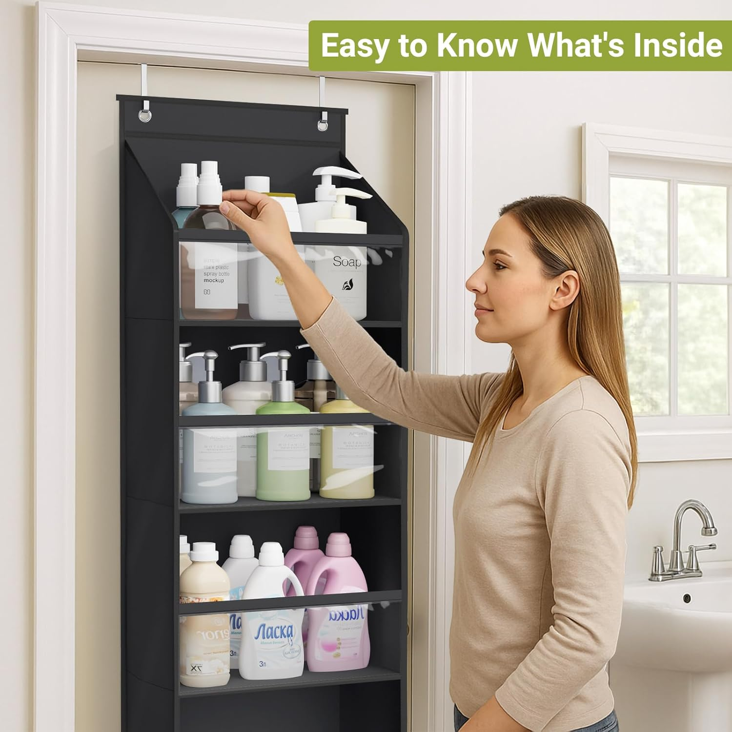 AOODA 2 Pack over the Door Organizer, Large Capacity Closet Door Hanging Organizer, Clear Deep Pockets Baby Storage for Nursery, Bathroom, Bedroom, Pantry, Diapers (Black)