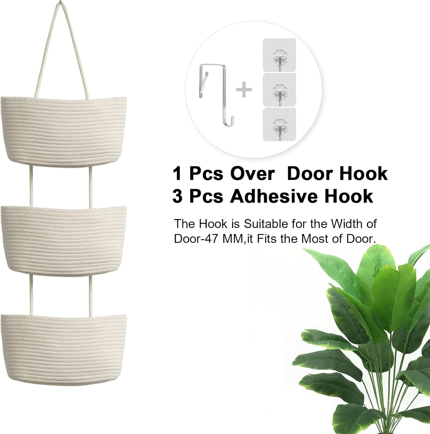 Teokj over the Door Hanging Baskets, 3-Tier Woven Cotton Storage Organizer Bag with Hooks Wall-Mounted Decorative Nursery Kitchen Baskets - White image number 5