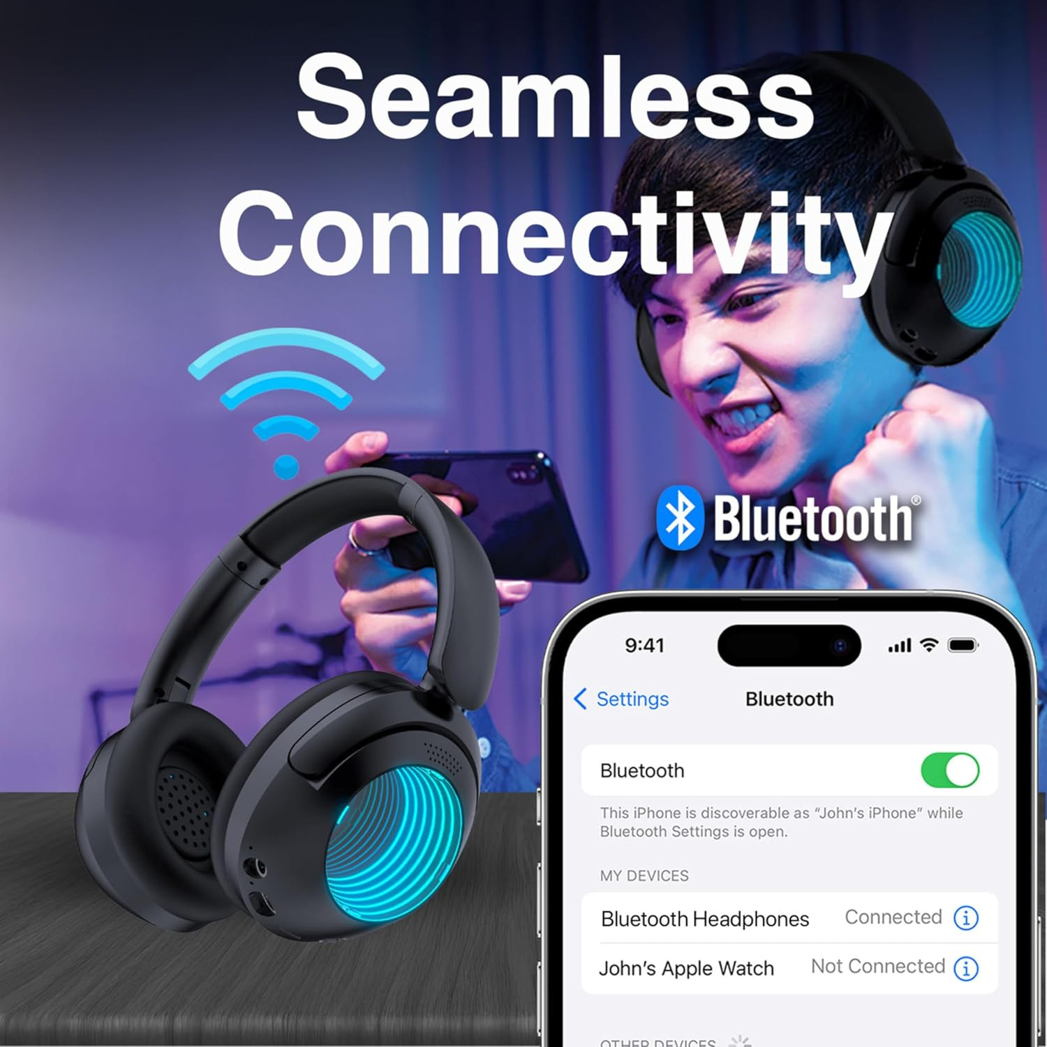 Laser Infinity RGB Light Bluetooth Headphones with Built-In Mic, 6 HRS Playtime, Touch Controls - Supports Bluetooth 5.4, AUX, Micro SD, USB C Charging, Black