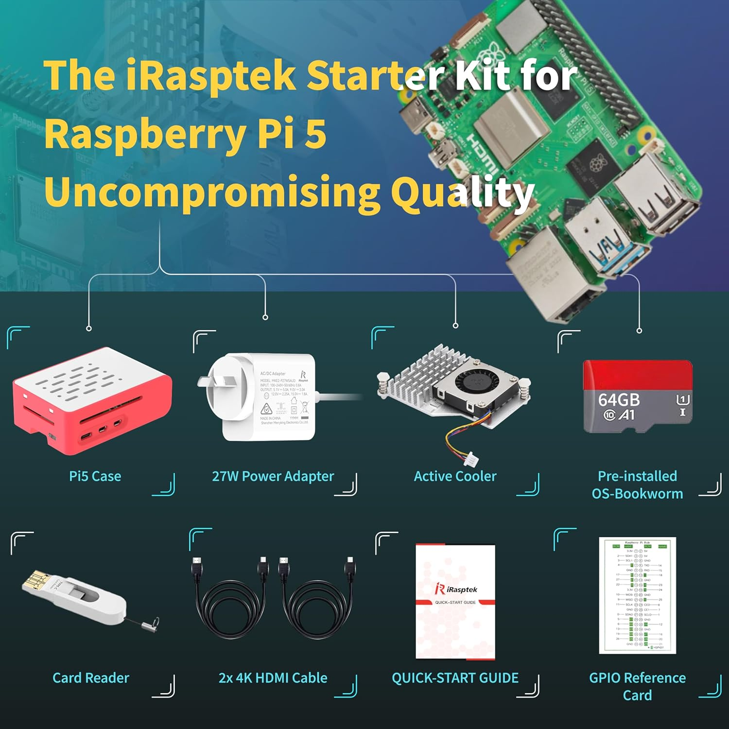 Irasptek Starter Kit for Raspberry Pi 5 8GB Ram-Pre-Loaded with 64GB Edition Raspberry Pi OS (Red & White Case) image number 6