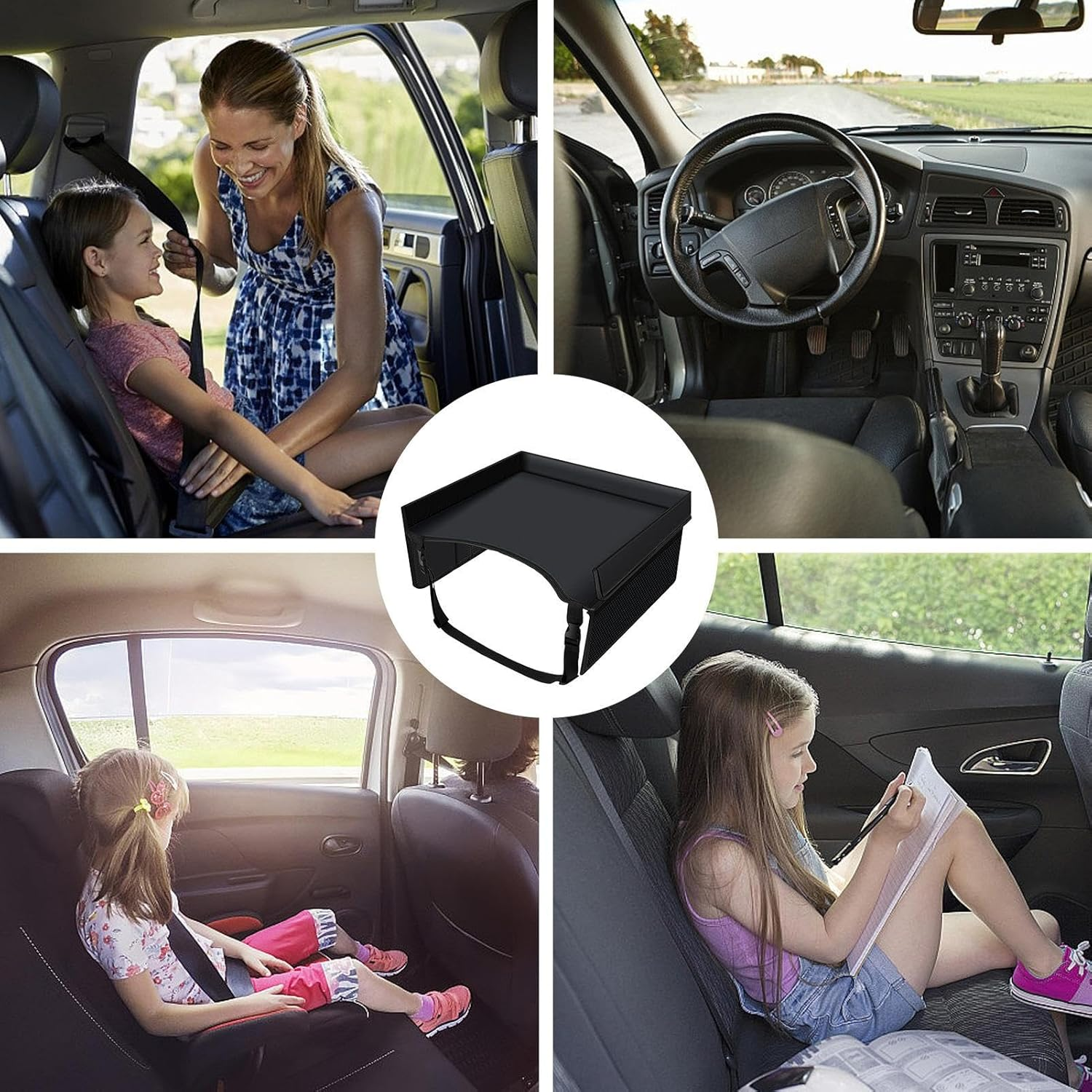 Car Seat Travel Tray | Long Trip Kids Travel Tray for Car Seat | Carseat Table with Pockets Adjustable Straps Foldable Lap Desk Organizer for Children Boys Girls - Black image number 6