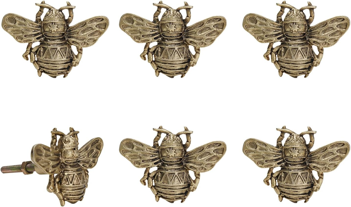 SOFFEE DESIGN Set of 6 Vintage Gold Zinc Cabinet Knobs, Decorative Metal Bee Shape Knobs Pull Handle for Door Cabinet Drawer, Antique Dresser Knobs Home Furniture Handle