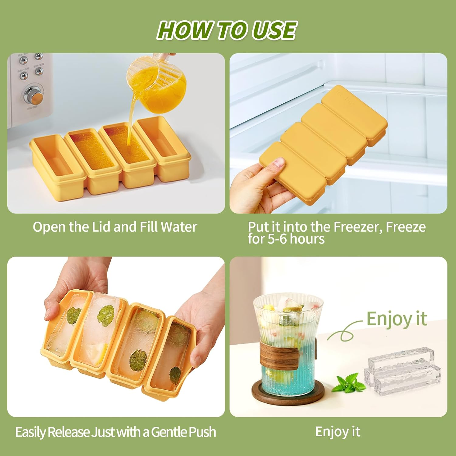 YARRAMATE 2 Pack Silicone Ice Cube Tray with Lid for Freezer, Premium Stackable Large Ice Cube Molds for Whiskey, Cocktails, Rectangle Silicone Molds for Soup, Butter, Baking,Easy Release(Orange) - Orange image number 3