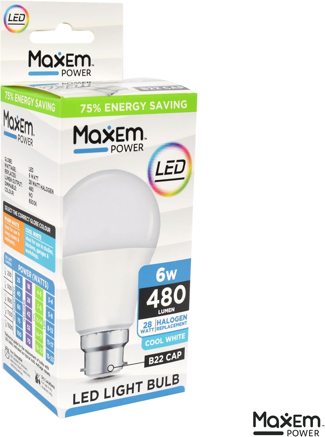 Maxem Power 6W B22 Cap LED Light Bulb, Cool White