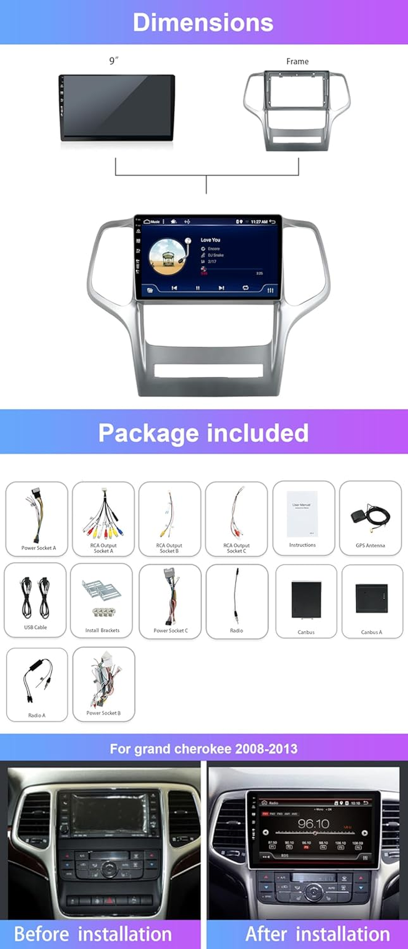 MISONDA 9Inch IPS Touch Screen for Jeep Grand Cherokee 2008-2013 Car Stereo Radio Player with GPS Carplay DSP Wifi Camera 2GB+32GB Head Unit