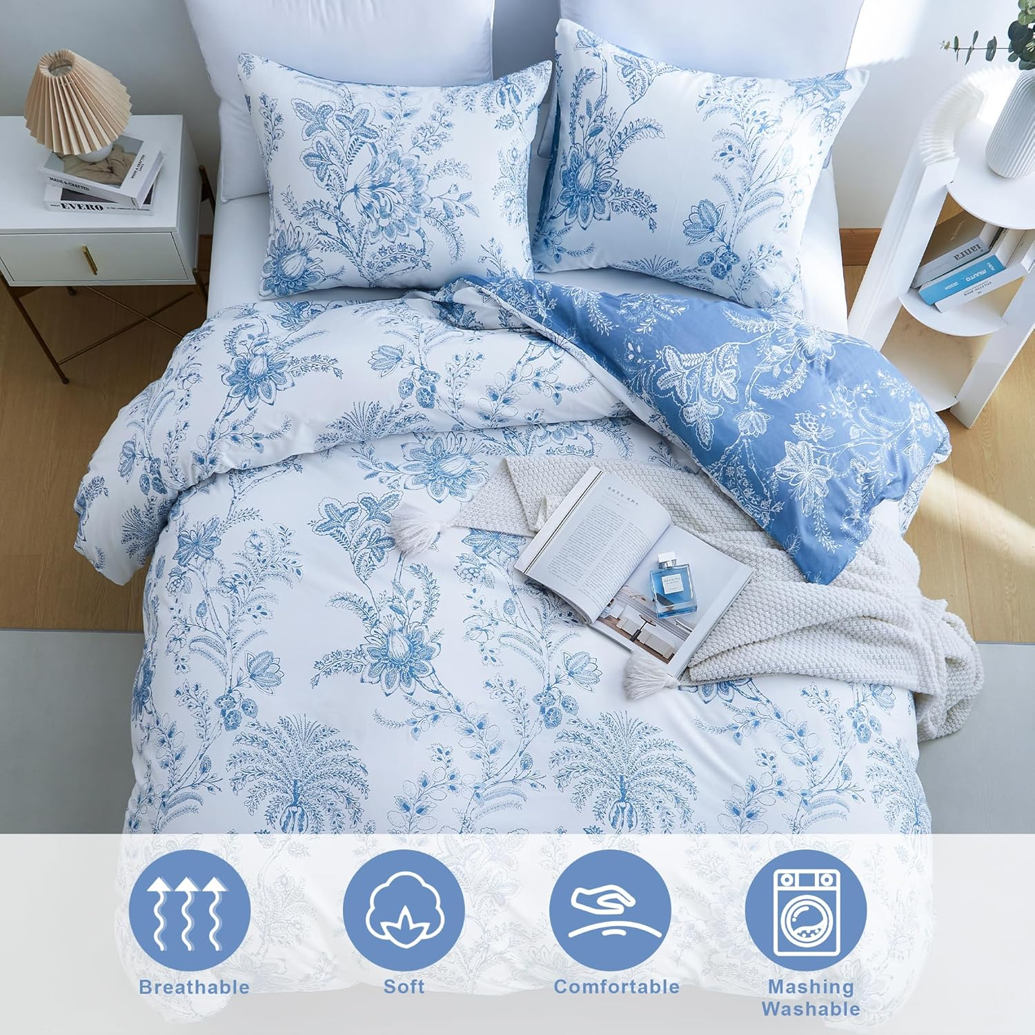 BOLINLIVING Floral Duvet Cover Queen Size 3 Pieces, Flower Duvet Cover with 2 Pillow Shams, Soft Floral Bedding Set White and Blue for All Season, Breathable, Zipper Closure&hellip; image number 5