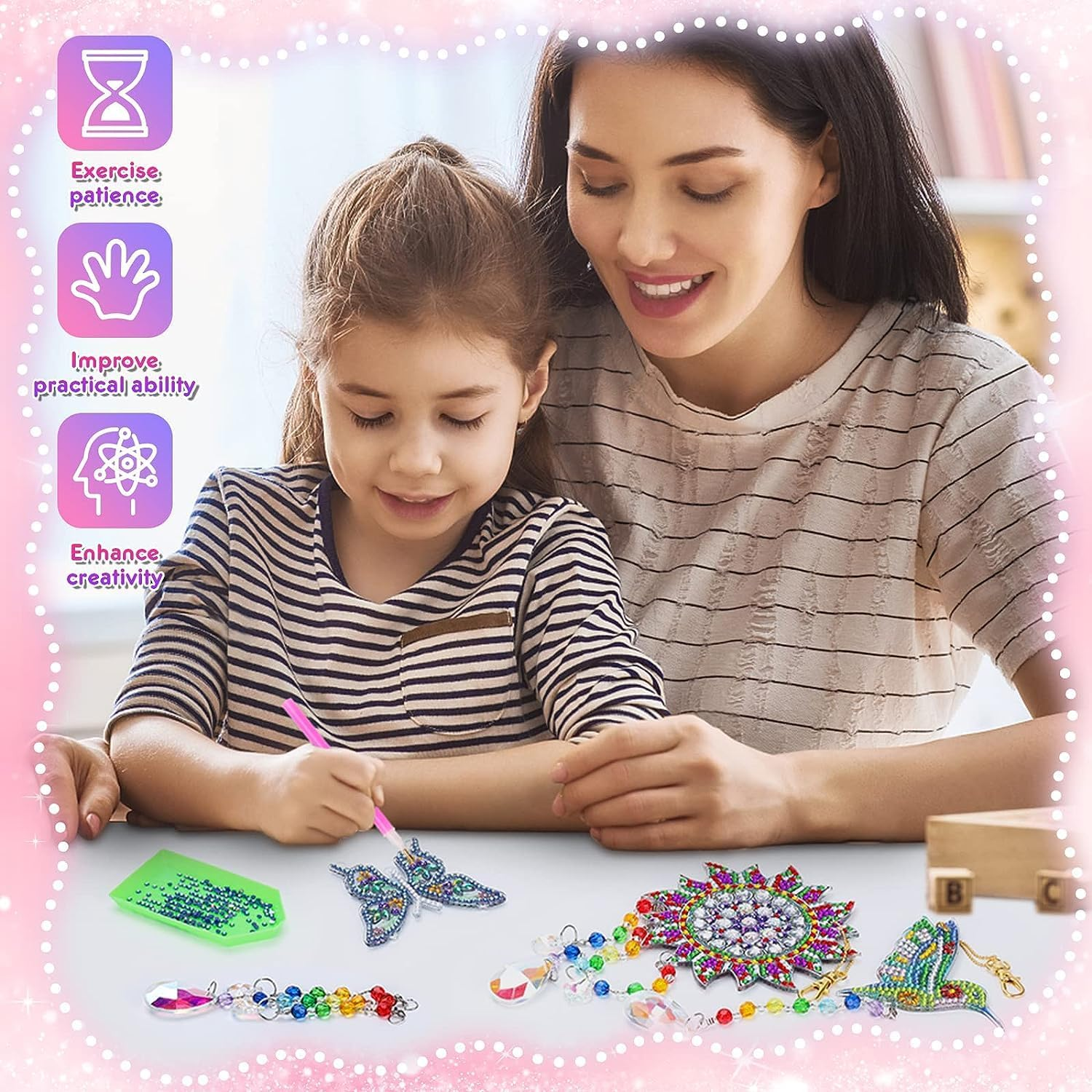 3 Pcs Diamonds Paintings Suncatcher,Double Sided Crystal Gem Painting Hanging Ornament,5D Diamonds Paintings Wind Chimes,Diamonds Art Kits Hanging Ornaments for Home Window Decor (Butterfly&Bird&Sun) image number 3