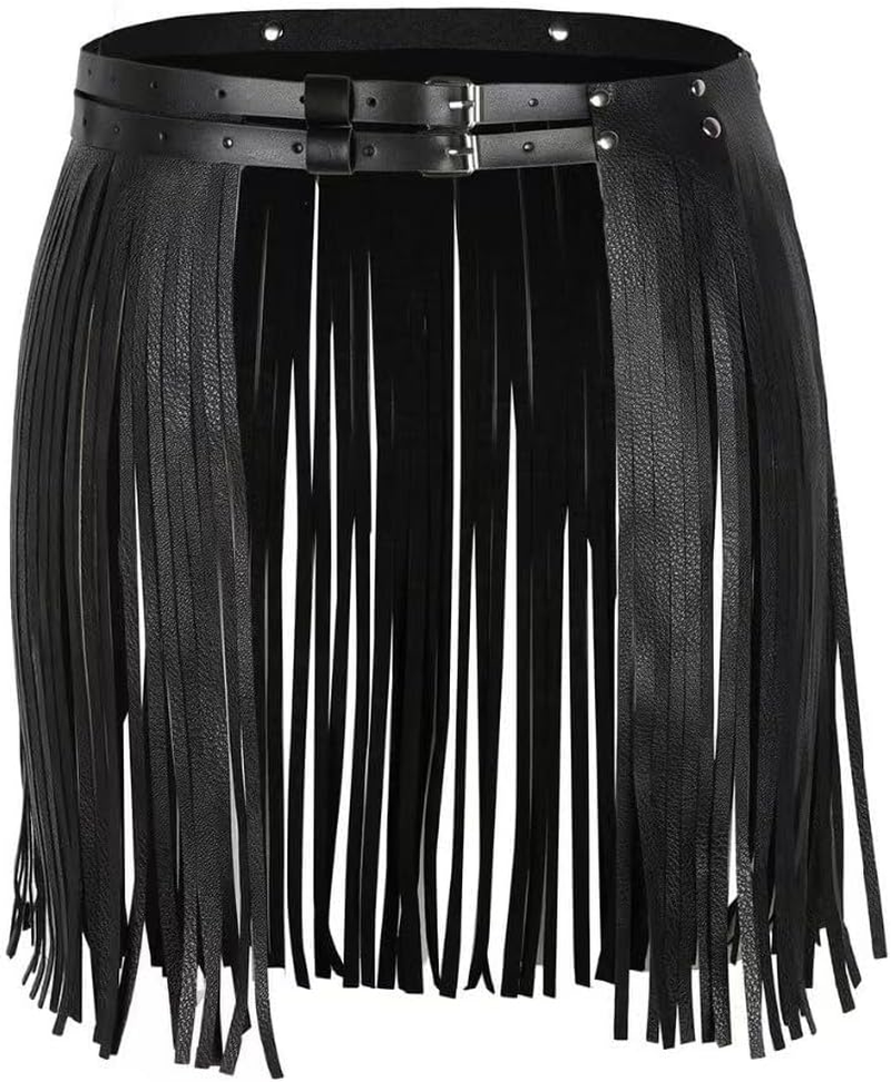 Pu Leather Fringe Skirt Waist Belt，Black Adjustable Rock Style Belt for Women'S Dance Performance Costumes,Punk Waist Belt Skirt for Rave Party Summer Beach Belts Hip Scarf image number 3