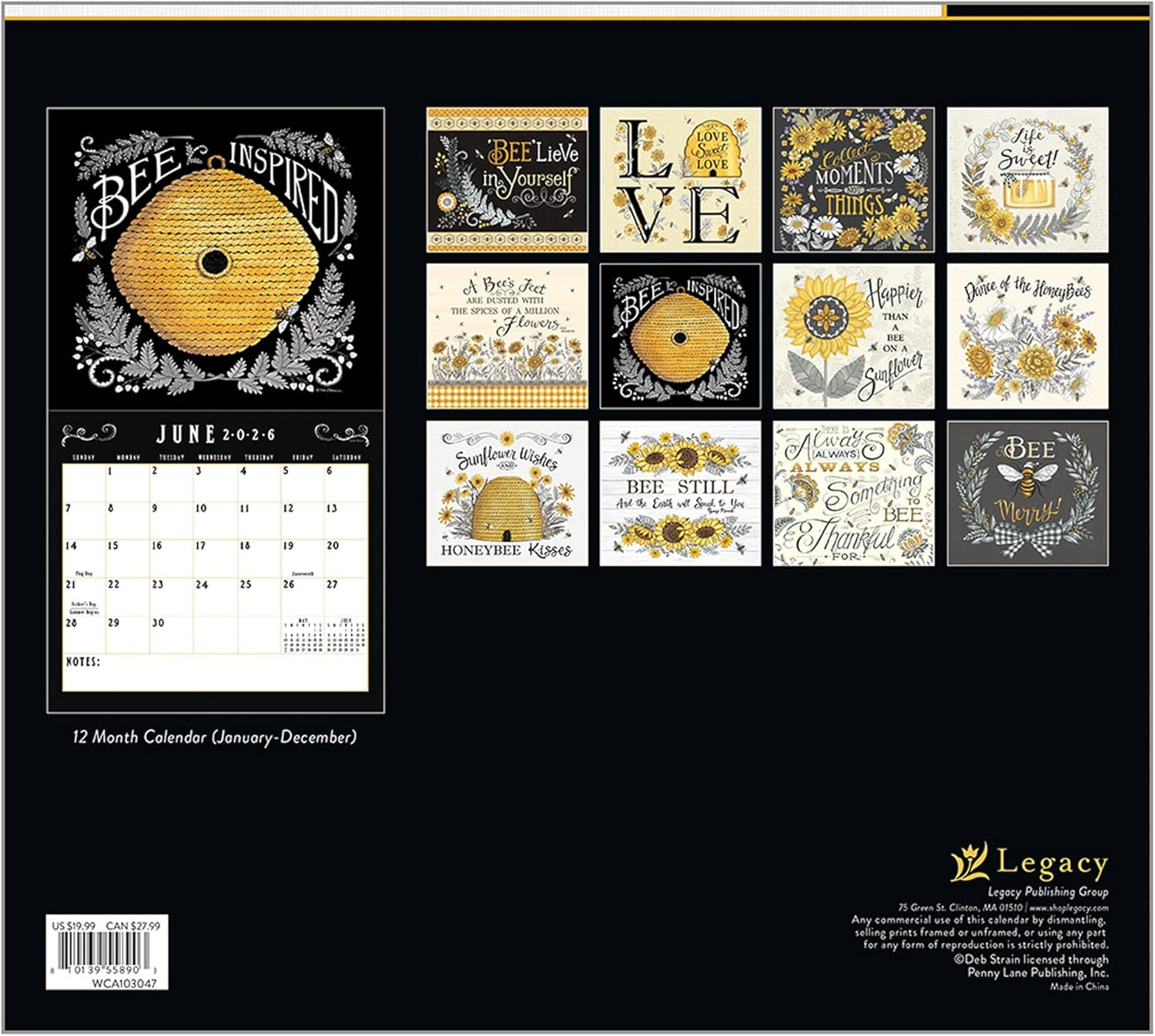 Legacy Publishing Group 2026 Wall Calendar 12-Month Schedule Organizer 12 X 13 Inch Paper with Brass Grommet Bee-U-Tiful image number 2