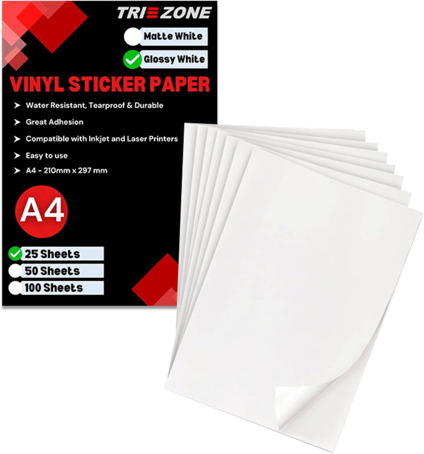 TRI ZONE Printable Vinyl Sticker Paper for Laser or Inkjet Printer, Glossy White, Waterproof, Tear Resistant, Self-Adhesive A4 Sheets, Premium Address Label Stickers, Quick Dry Vivid Colors (25) image number 6