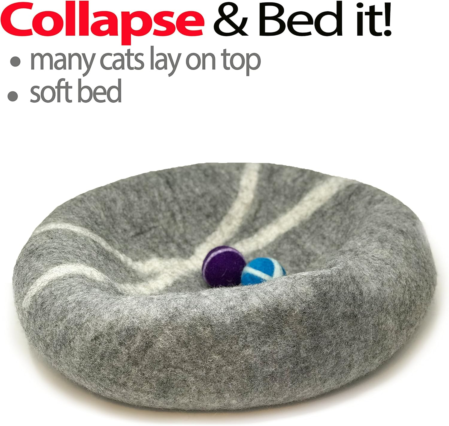 Iprimio 100% Natural Wool Eco-Friendly Cat & Kitten Cave Bed - Cozy House Indoor Bed for Cats & Kittens - Pet Felt Cat Cave, Cushion, Cove, Nest, Hideout, Hideaway, Tent, Tunnel Beds (Light Gray) image number 1