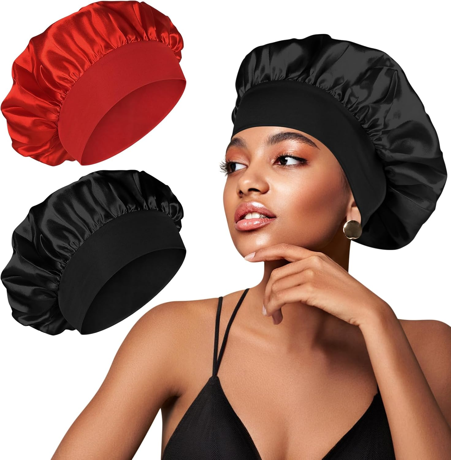 [2 Pcs]Satin Bonnet Silk Hair Bonnet with Wide Elastic Band, Hair Bonnet Silk Hair Wrap for Sleeping, Soft Head Cover Sleeping Hat Night Sleep Cap for Women Men Curly Hair