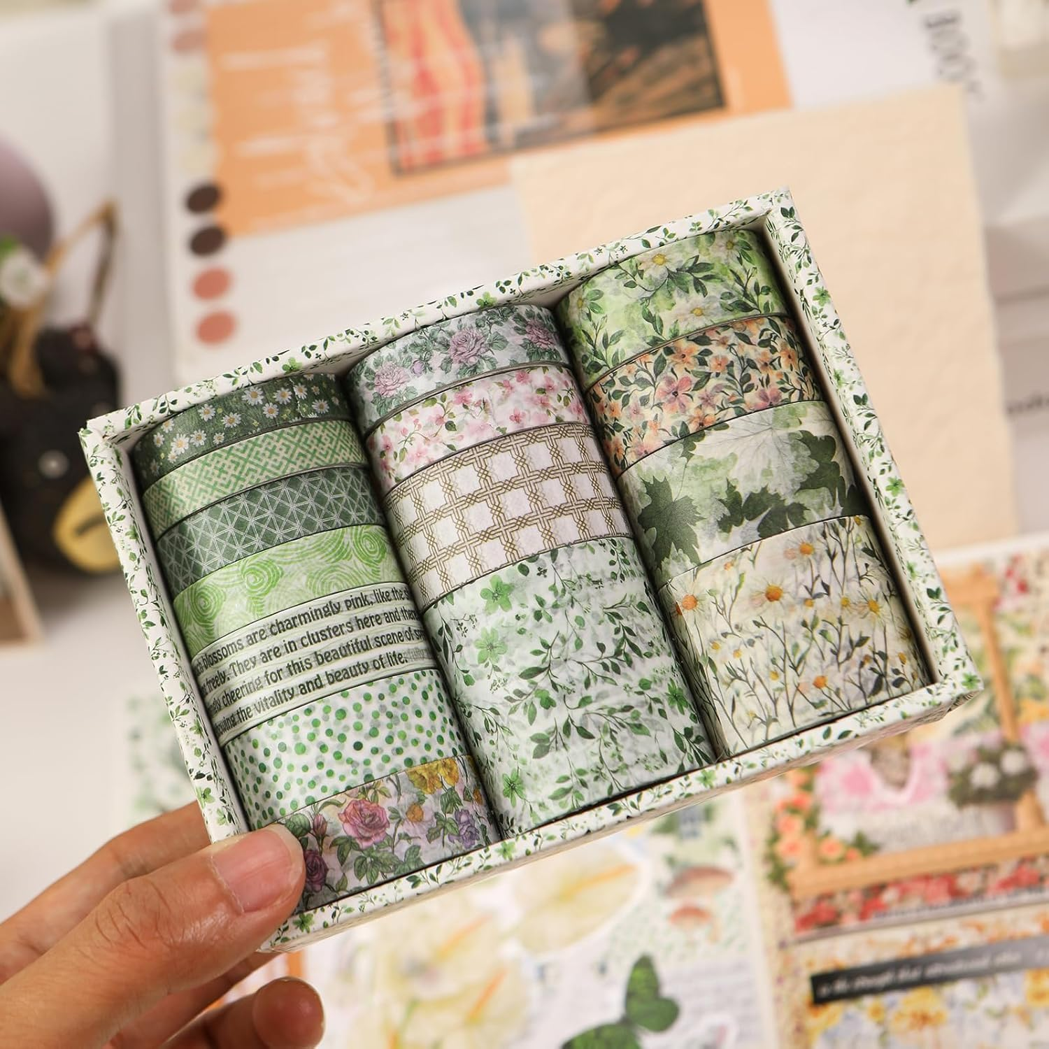Songdao Floral Washi Tape Set - 15 Rolls Blossom Arts Adhesive Tapes Flowers Garden Decorative Masking Tape Sets for Craft, Kids, Scrapbook, DIY, Gift Wrapping (1-Botanical Freshness) image number 1