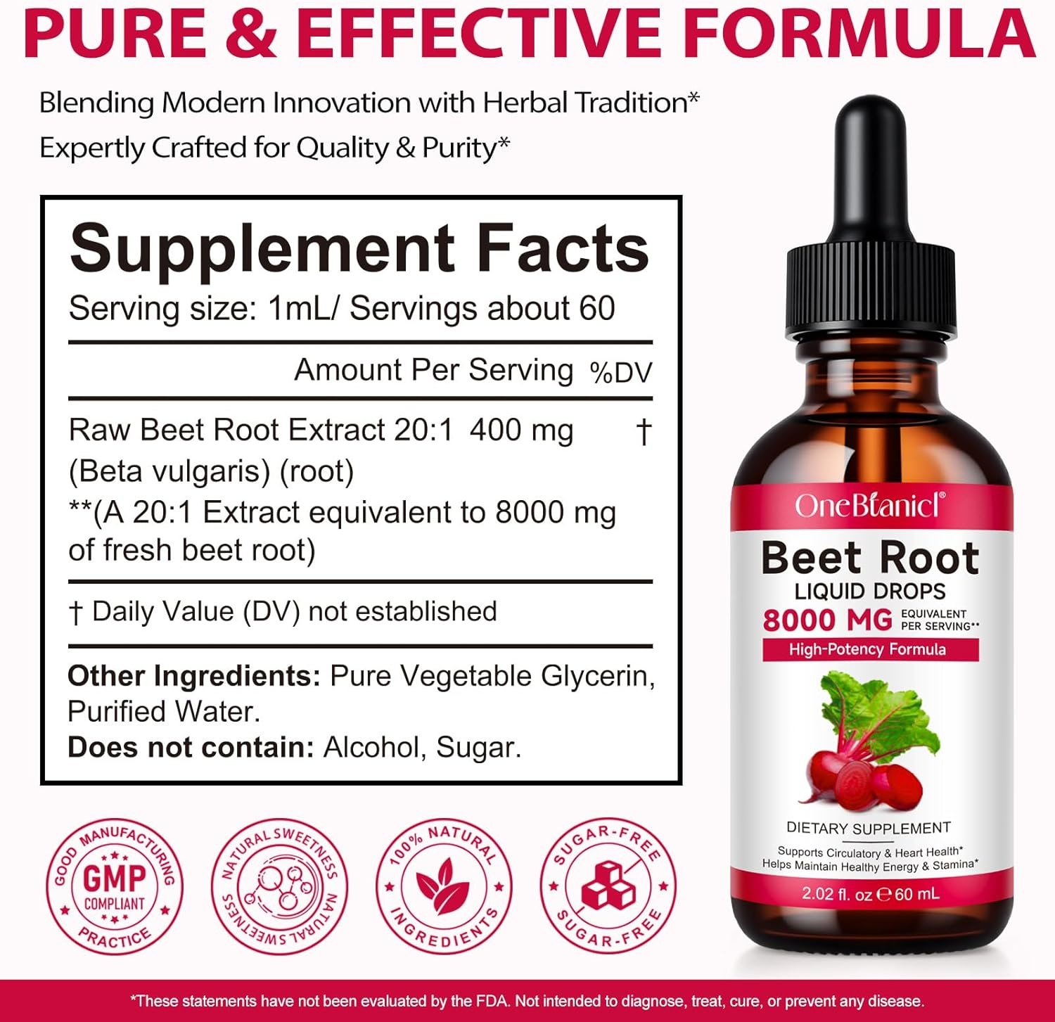 Beet Root Liquid Drops 60Ml | 20:1 Concentrated Liquid Extract | 400Mg Beet Root Extract per Serving | Equivalent to 8000Mg Fresh Beetroot | Vegan, Alcohol-Free, Sugar-Free image number 1
