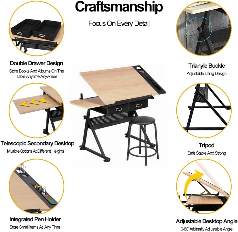 Drawing Tables for Artists,Height Angle Adjustable Drafting Desk W/2 Drawers Craft Station W/Metal Frame Tiltable Art Desk Work Station for Painting, Writing, Studying (Wood) image number 1