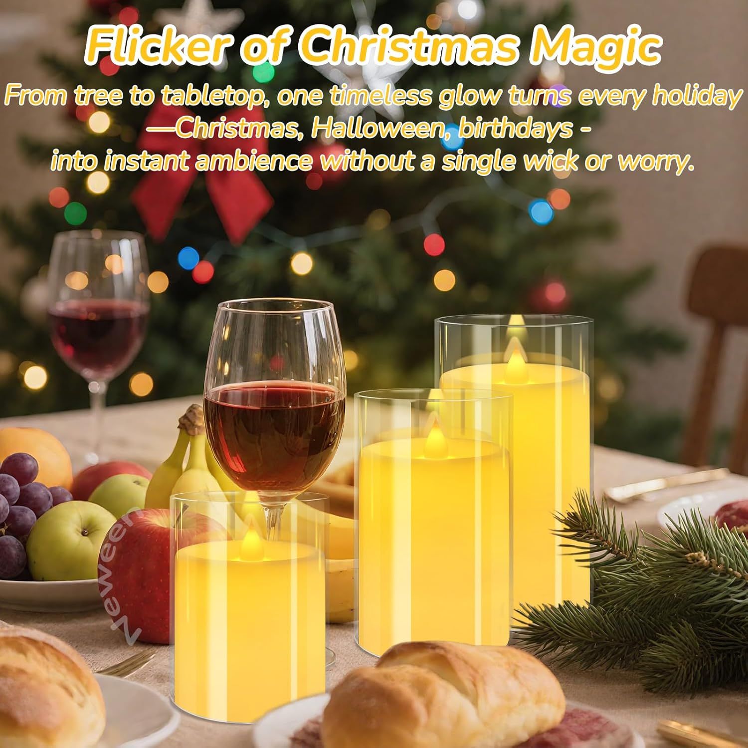 Neween Flickering Flameless Candles Set of 3, 3D Moving Wick Acrylic Battery Operated LED Pillar Candles with Remote and Timer for Christmas Halloween Valentine Party Decor (Clear, D3 H4 5" 6") image number 4