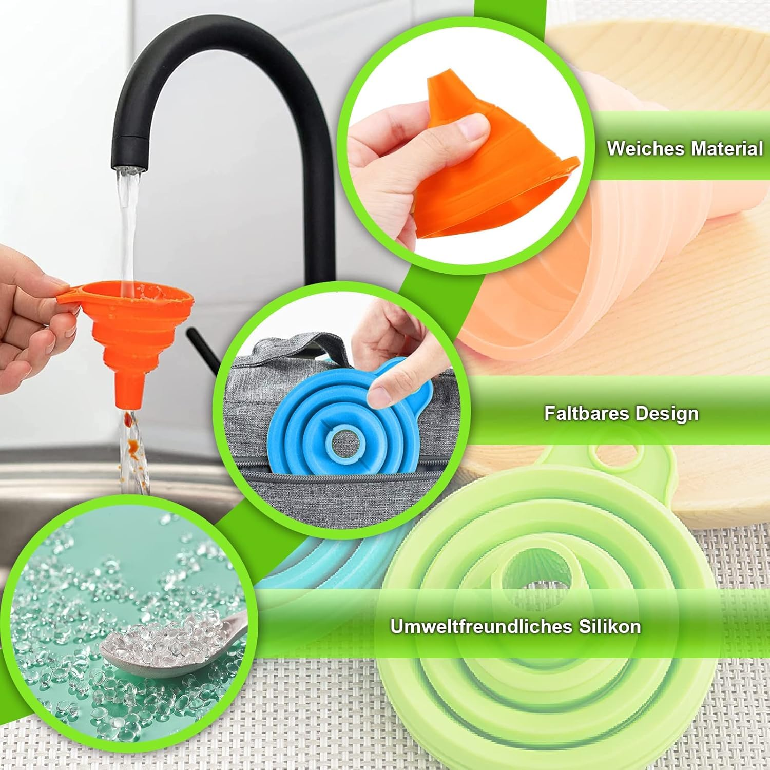 Silicone Collapsible Funnel, 4 Pcs Foldable Kitchen Funnels, Kitchen Funnel with 4 Pcs Transparent Adhesive Hooks for Filling Bottles, Liquid, Powder Transfer (Orange,Red,Blue,Green)