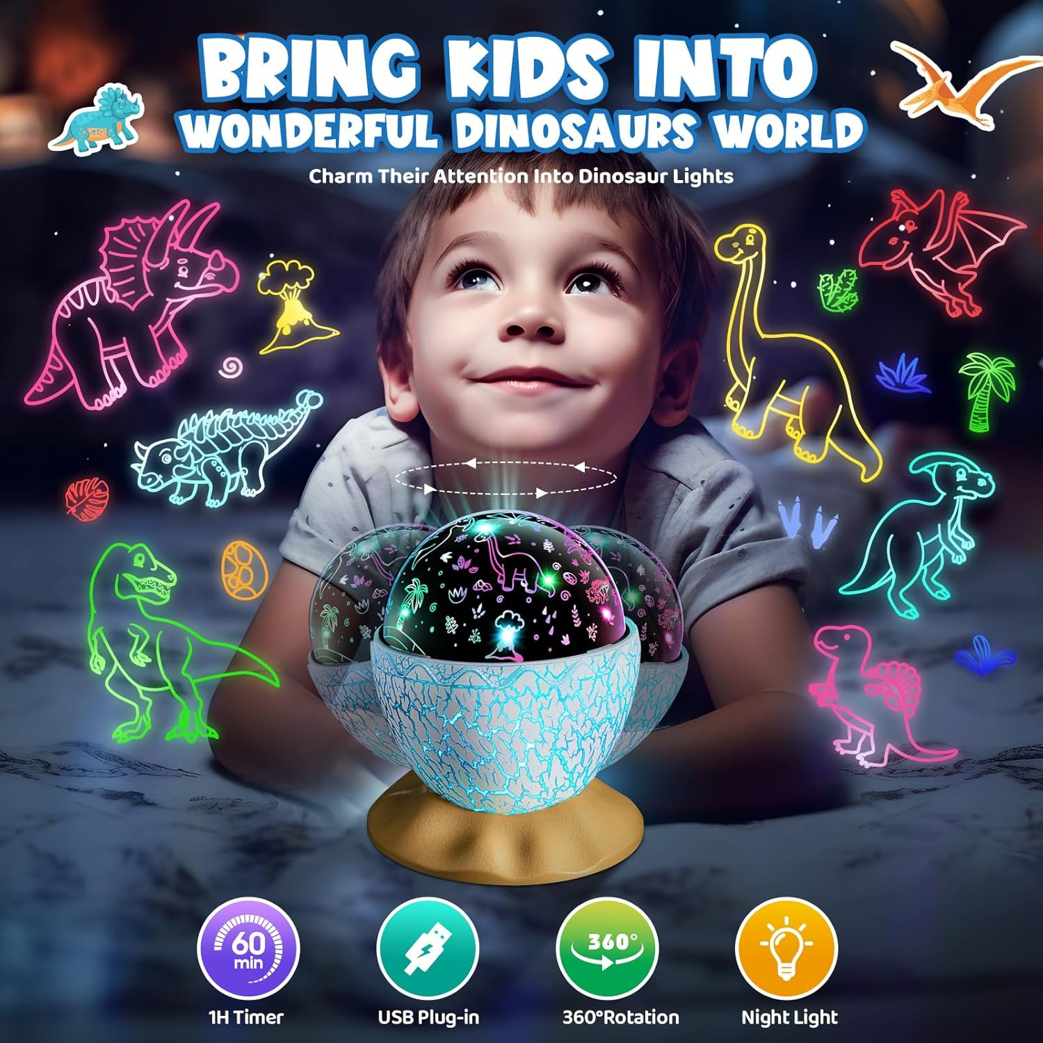 Dinosaur Star Projector for 3-12 Year Old Gifts, Vingtank Dinosaur Egg Night Light Kids Toys for 3 4 5 6 7 8 9 Year Old Boys Girls 2-In-1 Dino & Star Projector for Toddler Christmas Birthday Gifts image number 4