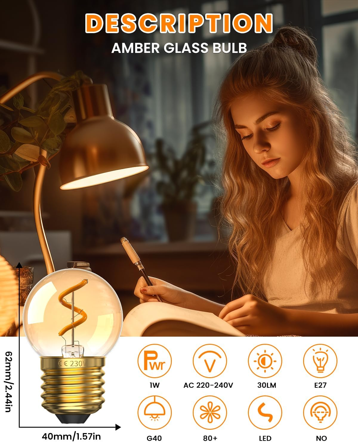 Tobebright 1W E27 Vintage Golf Ball Bulb, G40 E27 LED Screw Bulb Warm White 2200K Amber, 10W Equivalent, SES Low Watt Light Bulbs for Night Light, Home Ceiling Chandelier, Non-Dimmable, 2 Pack image number 2