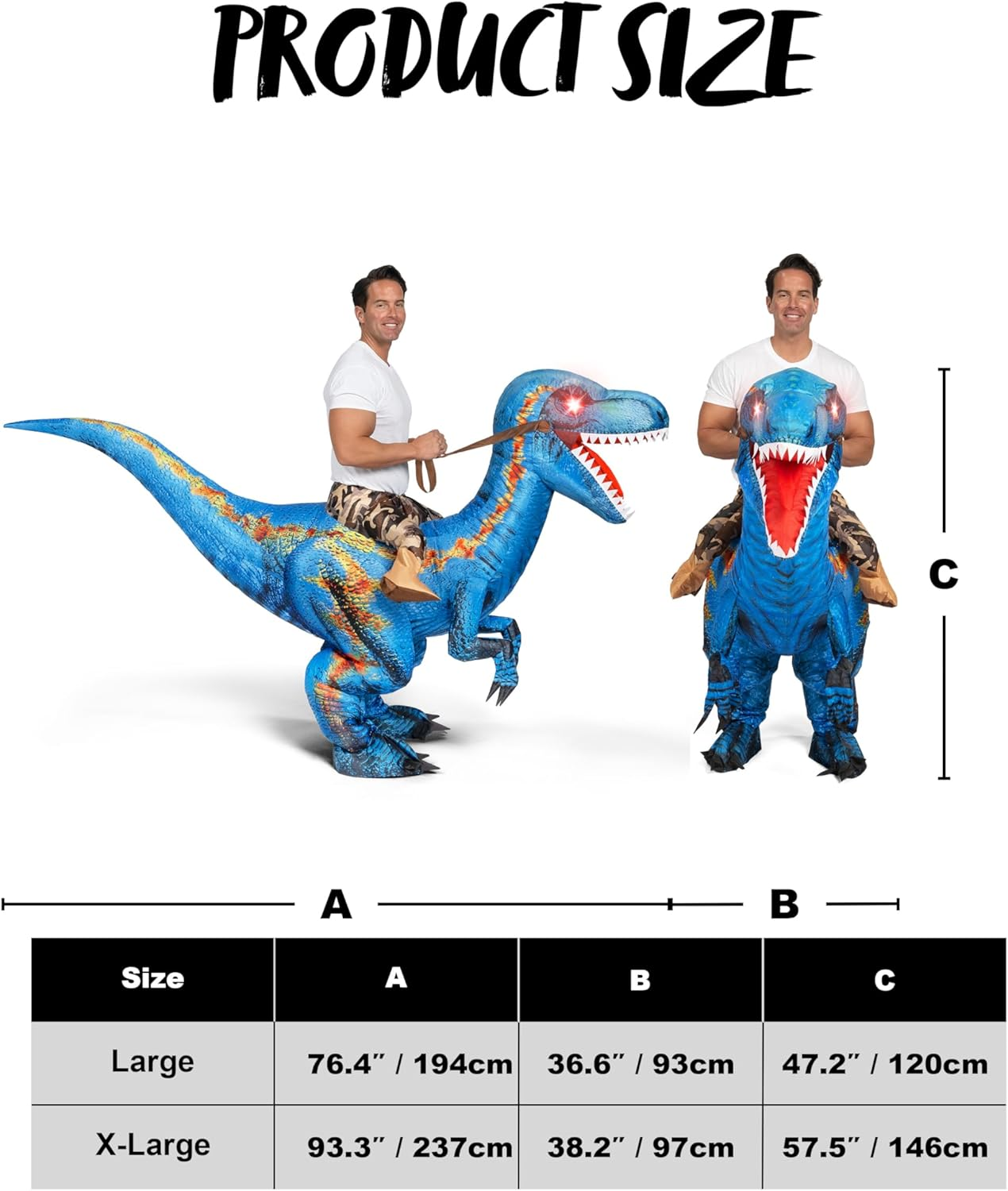 Spooktacular Creations Adult Inflatable Dinosaur Costume, Riding a Raptor Digital Printing Blow-Up with LED Light Eyes - Blue image number 3