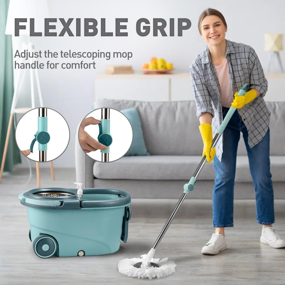 ZUNI 360&deg; Spin Mop and Bucket Set with 3 Microfiber Replacement Head Refills, Wet Dust Mop Set with Adjustable Stainless Steel Handle, Spinning Mop Bucket for Home Cleaning, Green - Green image number 3