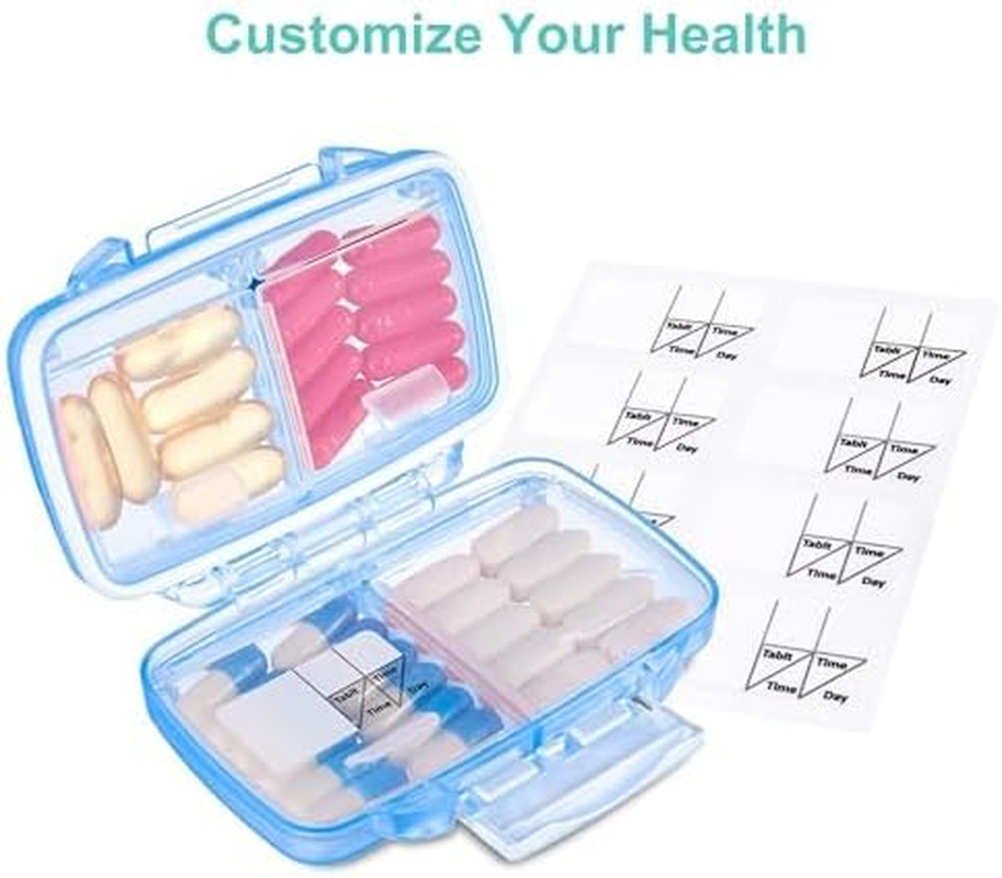 Fullicon 2 Pack Travel Pill Organiser, 4 Compartments Portable Pill Box, Moisture Proof Small Pill Case with Labels, Travel Pill Organizer with Double Lock, Pocket Pharmacy for Vitamin & Fish Oil (Blue) image number 3