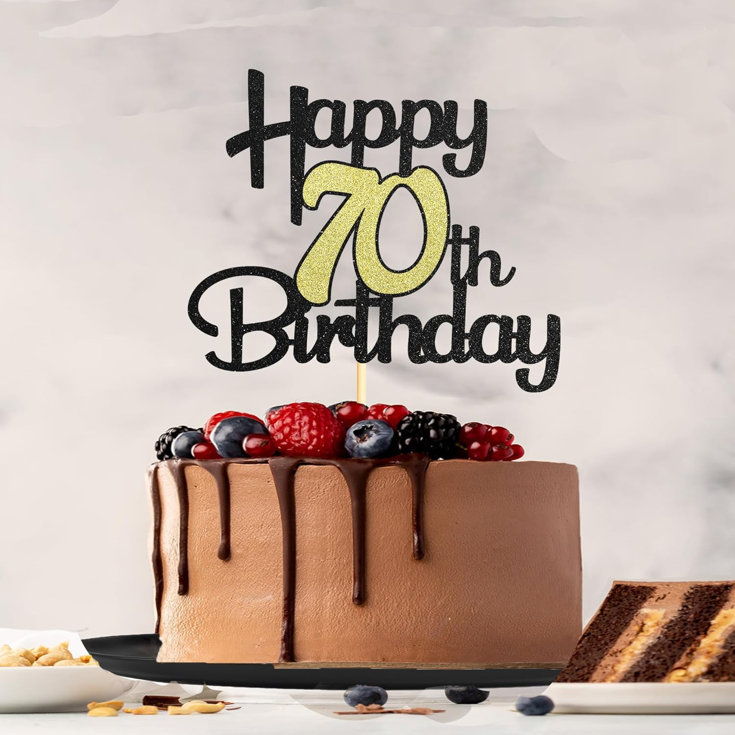 Sotpot 1 Pack Black&Gold Glitter 70Th Cake Topper, 70Th Birthday Cake Decorations for Birthday Party Anniversary Party Supplies image number 6