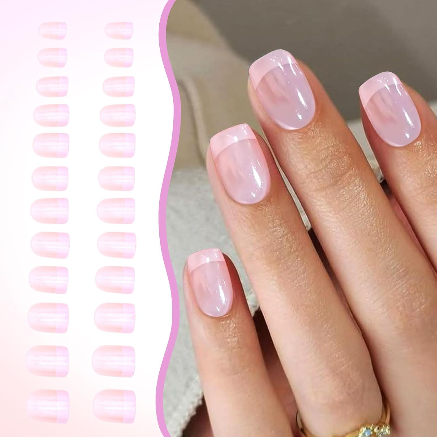 Lunarcharm 24 Pieces French Tip Press-On Nails, Short Square False Nails, Glossy Nude Pink, Reusable Full Cover Artificial Nails image number 6