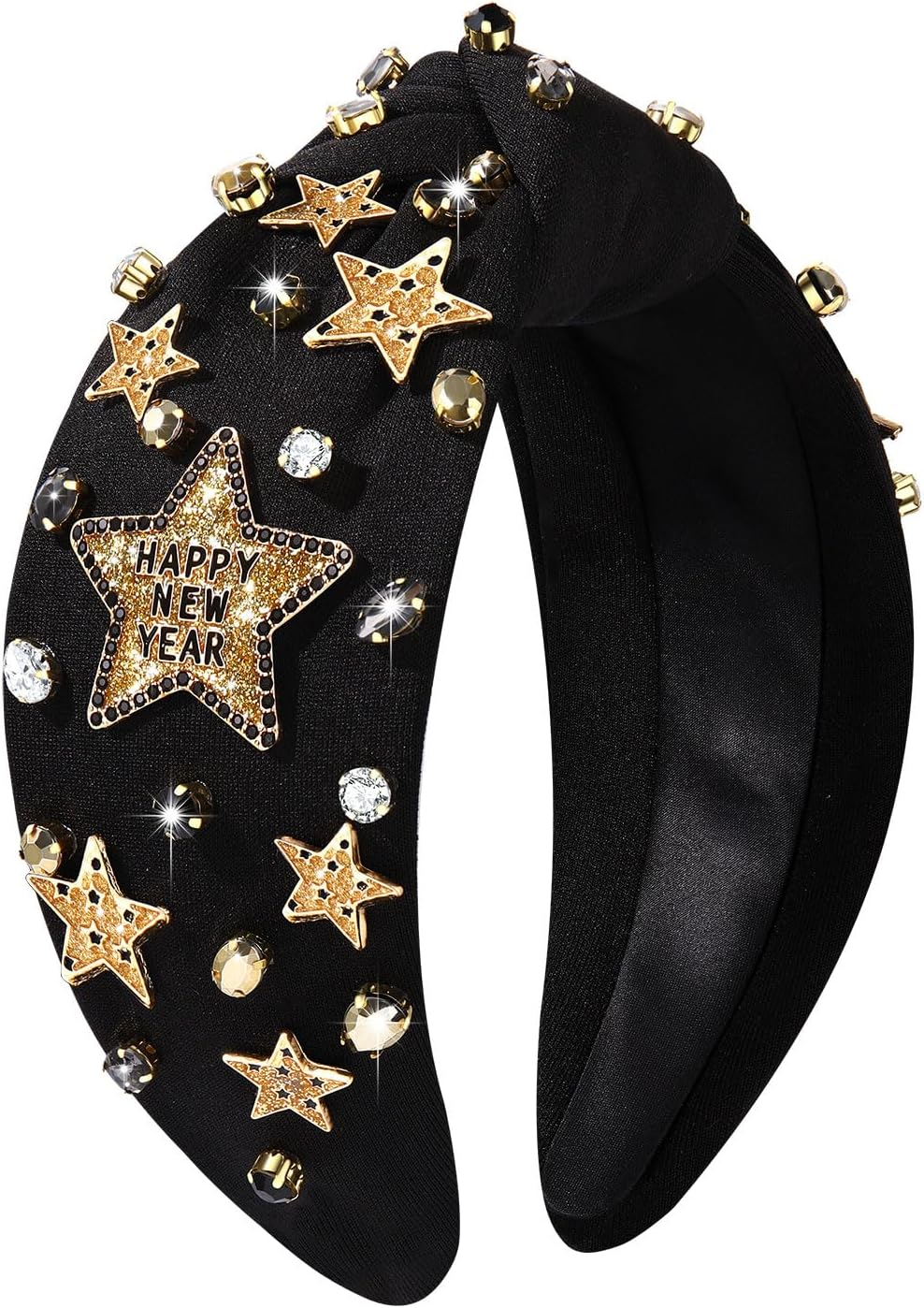 New Year'S Eve Headbands for Women Beaded Happy New Year Headbands Jeweled NYE Star Headbands Gold Rhinestone Crystal Knotted Headband New Years Eve Accessories Party Favors Gifts (HAPPY NEW YEAR) image number 1