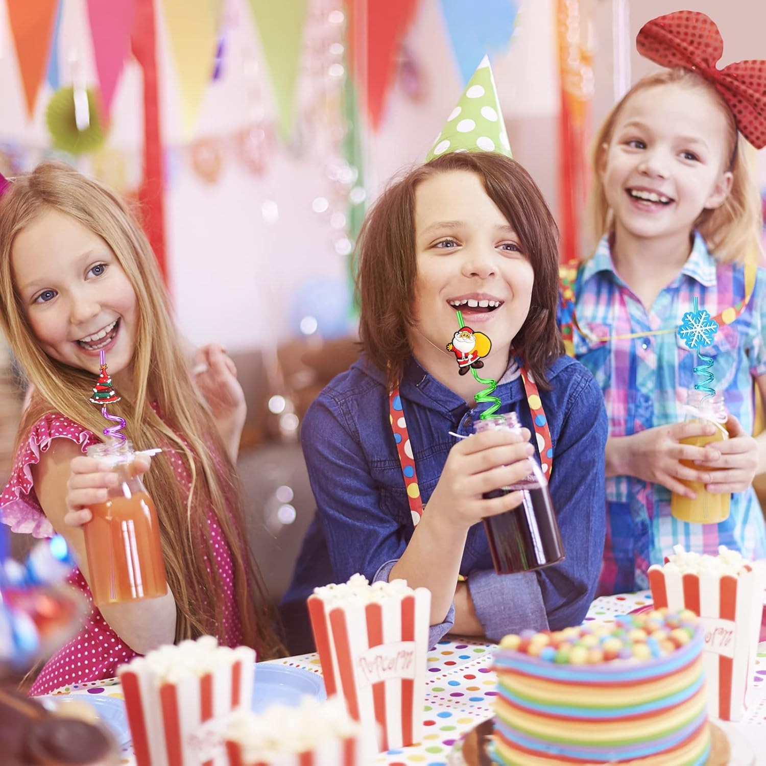 24 Christmas Party Favors for Kids, Christmas Party Decorations Supplies, Xmas Candy Bags Supplies, Christmas Goodie Gifts, Drinking Straws with 2 Cleaning Brushes image number 4