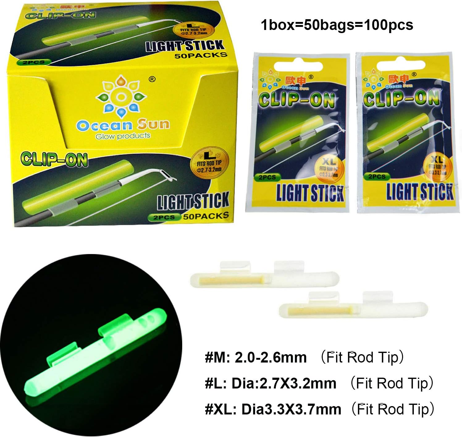 THKFISH Fishing Glow Sticks Rod Tip Glow Sticks Fishing Rod Floats Glow Stick Fishing Rod Night Fishing Light Fishing Green Fluorescent Light 100Pcs(50Bags) #M #L #XL image number 2