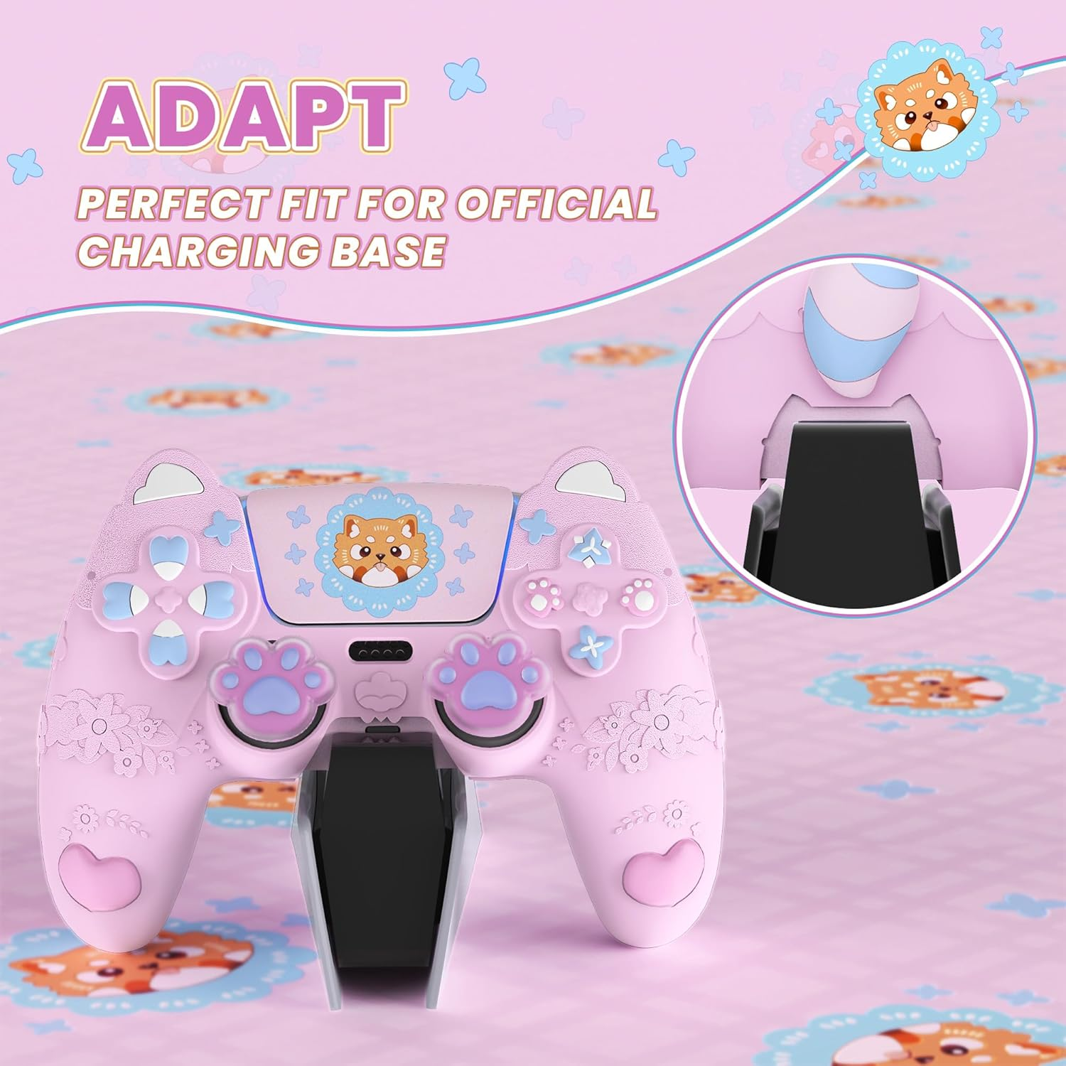 Playvital Cute Spring Lesser Panda Silicone Cover for Ps5 Controller with Joystick Cap and Sticker, Anti-Grip Shockproof Skin, Compatible with Charging Station, Cotton Candy Pink image number 4