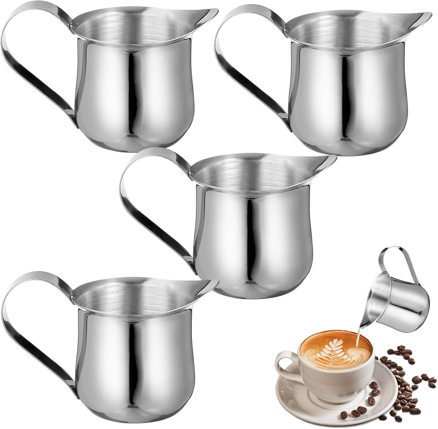 Hohopeti 4Pcs Stainless Steel Milk Frothing Pitcher 50Ml Espresso Creamer Jug with Spout Coffee Measuring Cup for Home and Cafe Use image number 3