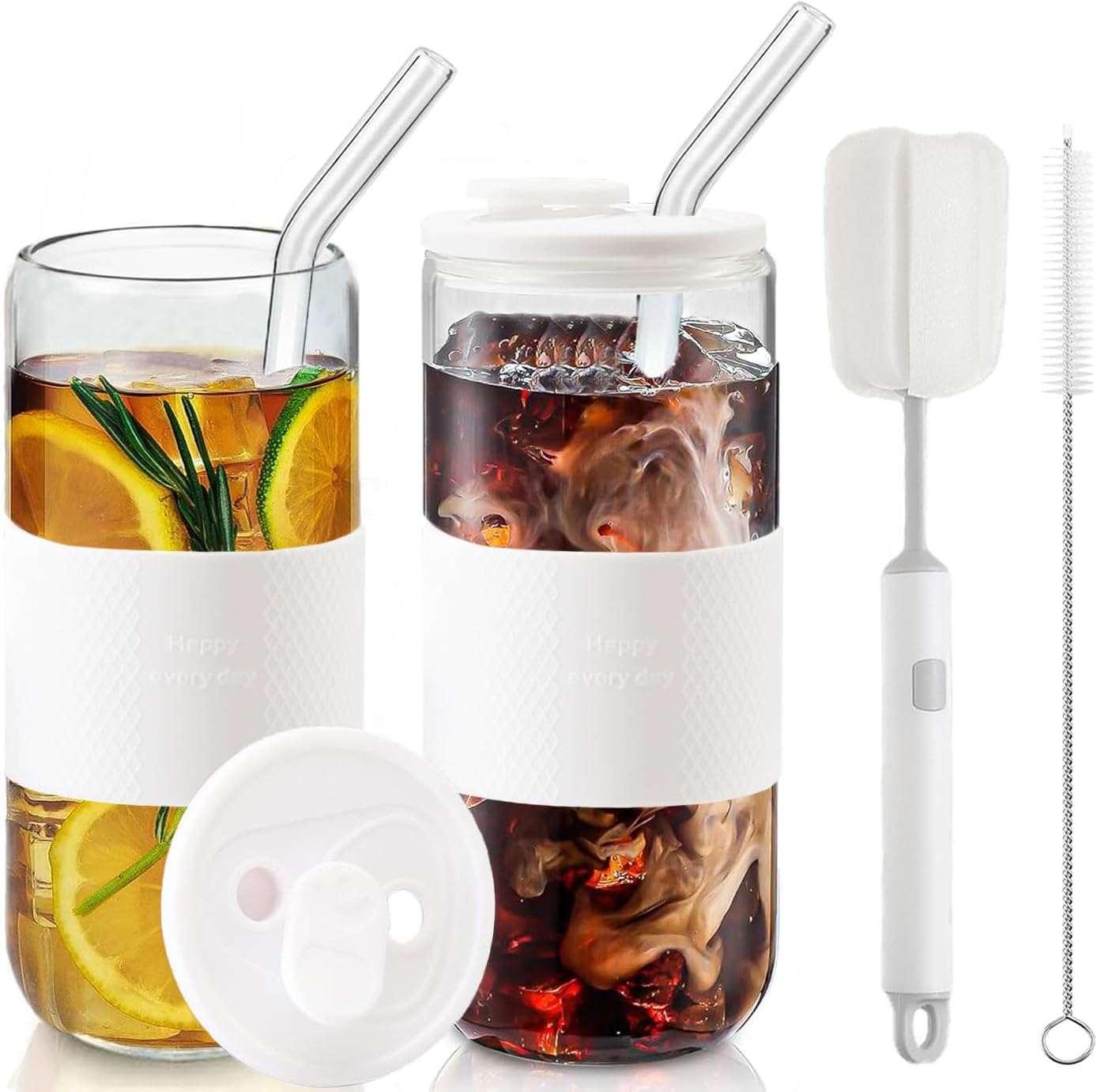 20Oz Can Shaped Glass Cups with Lids and Glass Straws, 2PCS Drinking Glasses with Lids and Straws, and Silicone Sleeves, Beer Glasses, Iced Coffee Cups, Soda, Gift 2 Cleaning Brushes - White image number 5