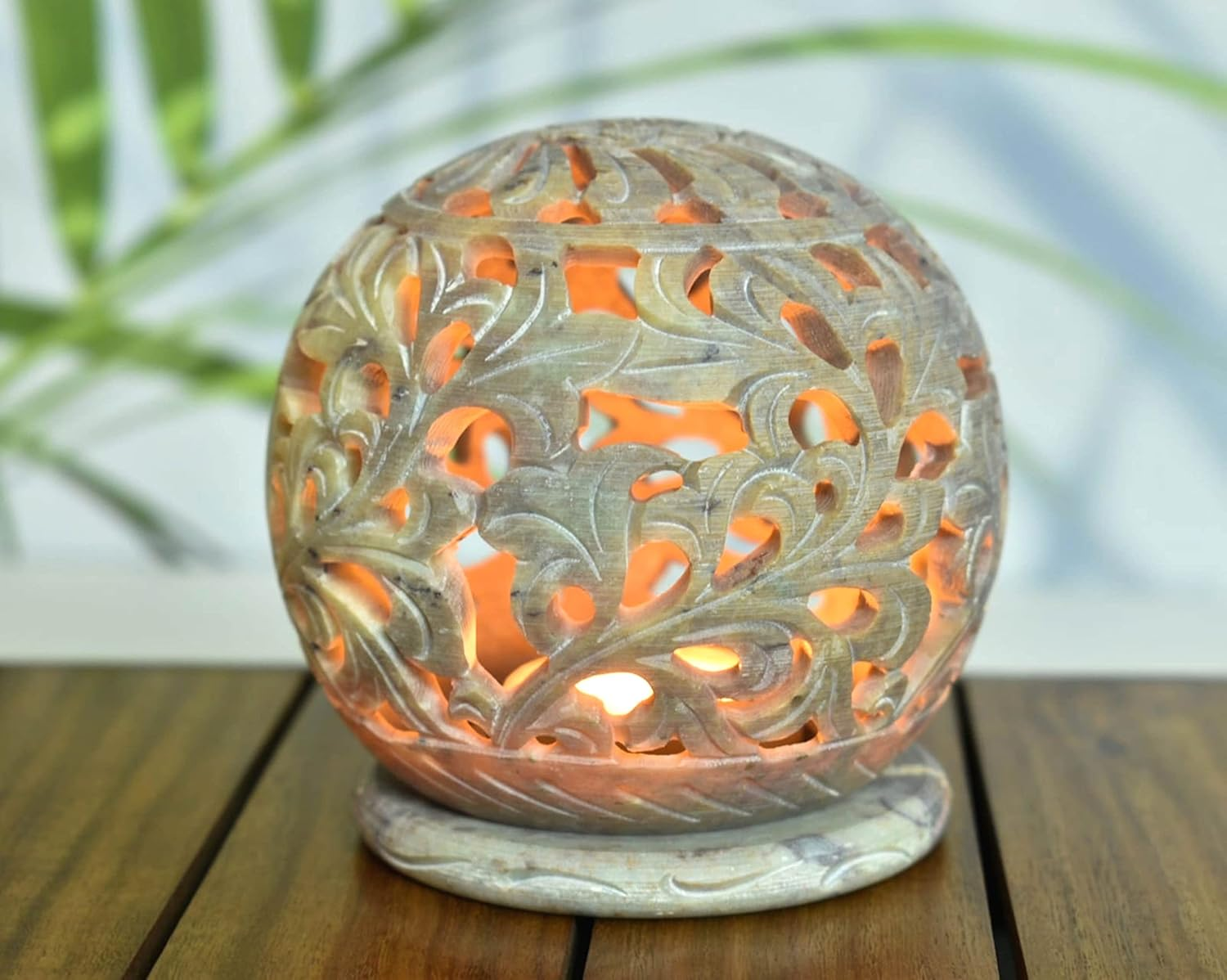 India House Hand-Carved Soapstone Tealight Holder or Incense Burner&ndash; Decorative Rosette Top Votive Candle Lantern for Home, Kitchen, and Office Table Decor &ndash; Ethnic Handmade Accent Token of Love image number 2