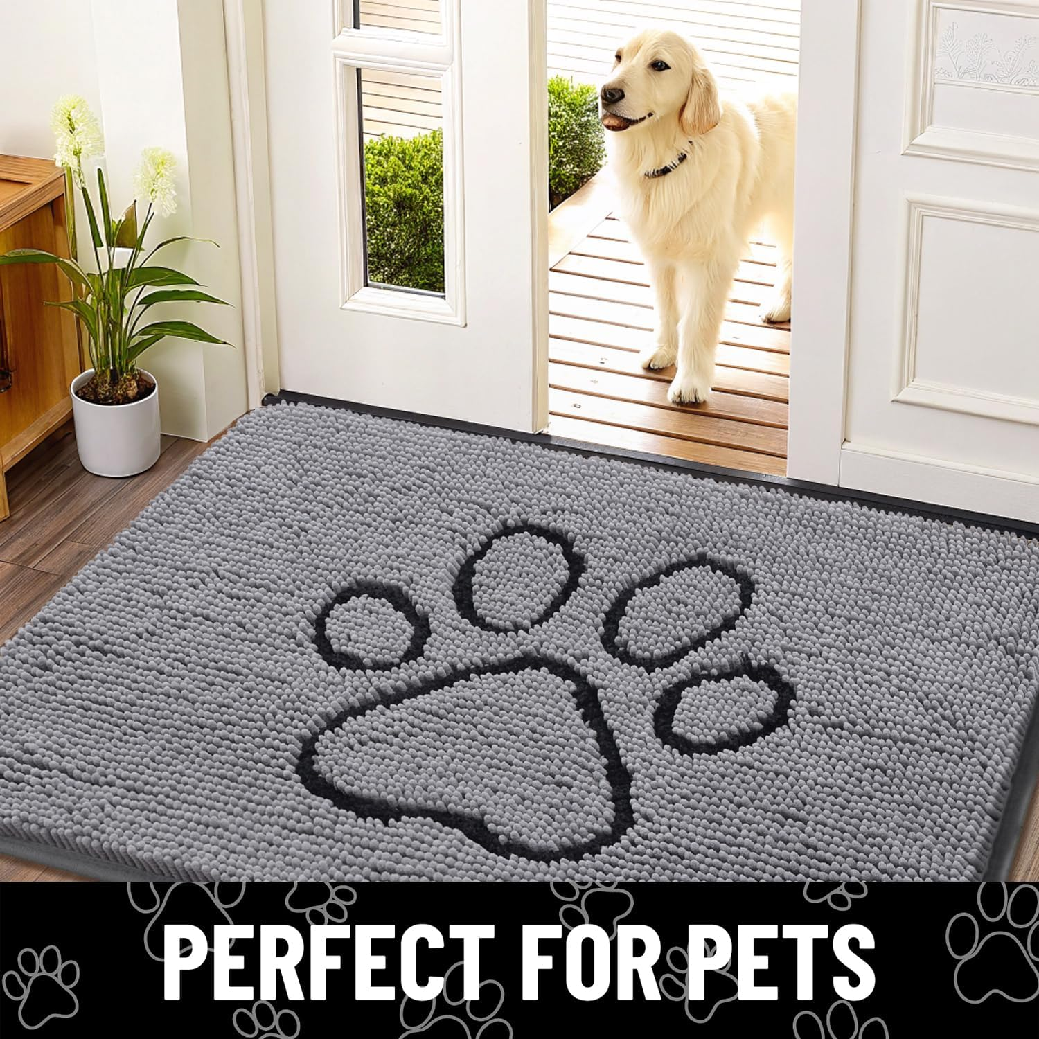 Smiry Dog Door Mat for Muddy Paws, Absorbent Dirt Trapper Non Slip Quick Dry Washable Chenille Mat for Mud Dogs, Entry Rug for Indoor and Outdoor (24X16 Inches, Grey)