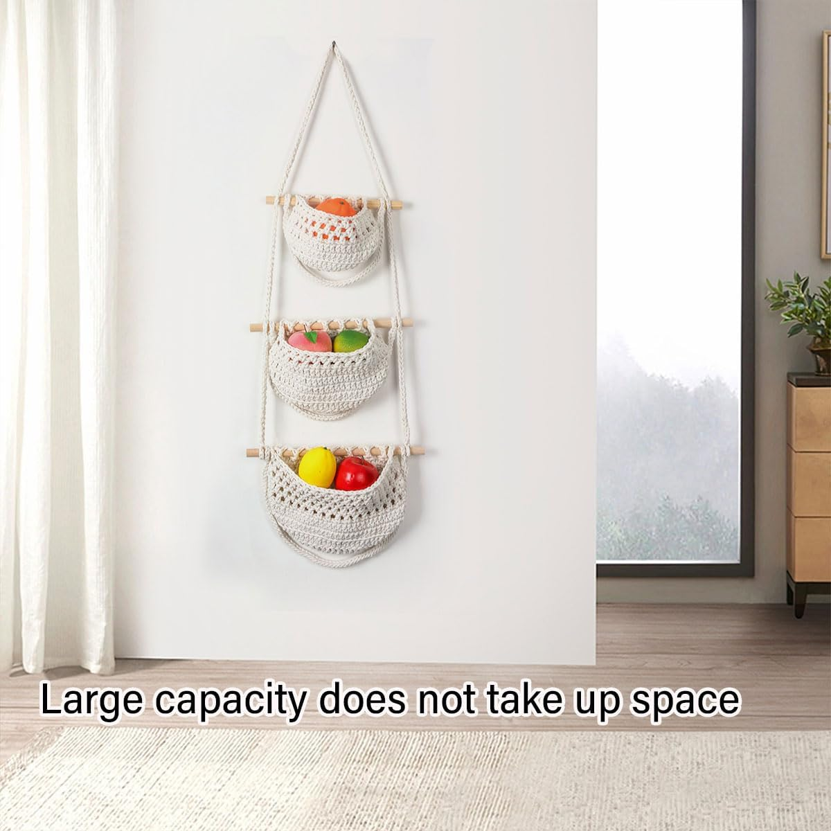 AIMALL 3-Layer Hanging Wall Storage Basket Cotton Rope Organizer for Sundries with Wooden Rods, Woven Wall Hanging Bag for Entryway, Living Room, and Nursery image number 2